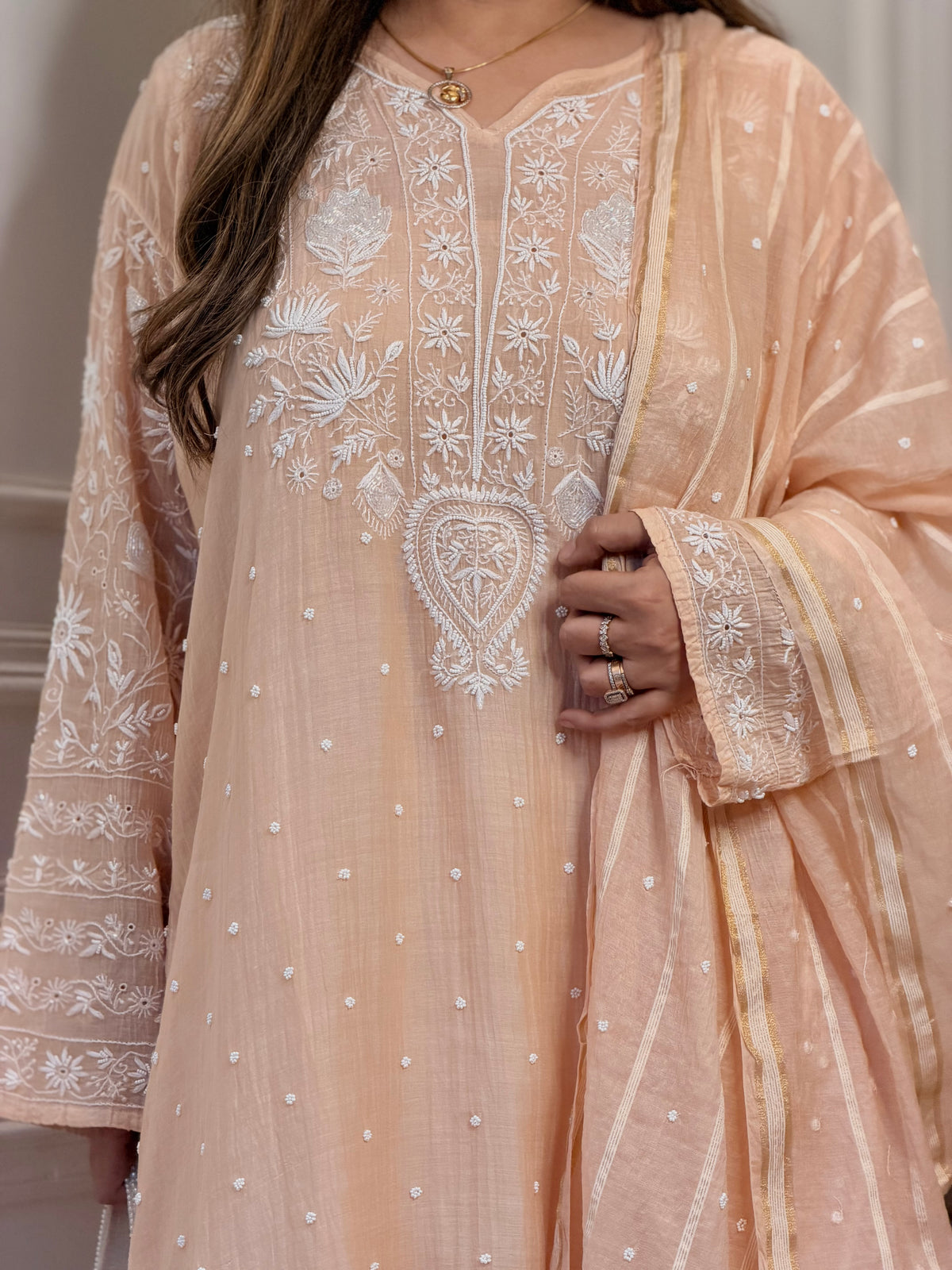 Premium Hand Embroidered Chikankari Kurta & Duppta | Mul Chanderi | Peach
