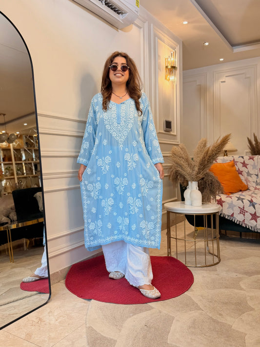 Hand Embroidered 6D Chikankari Kurta | Modal | Powder Blue