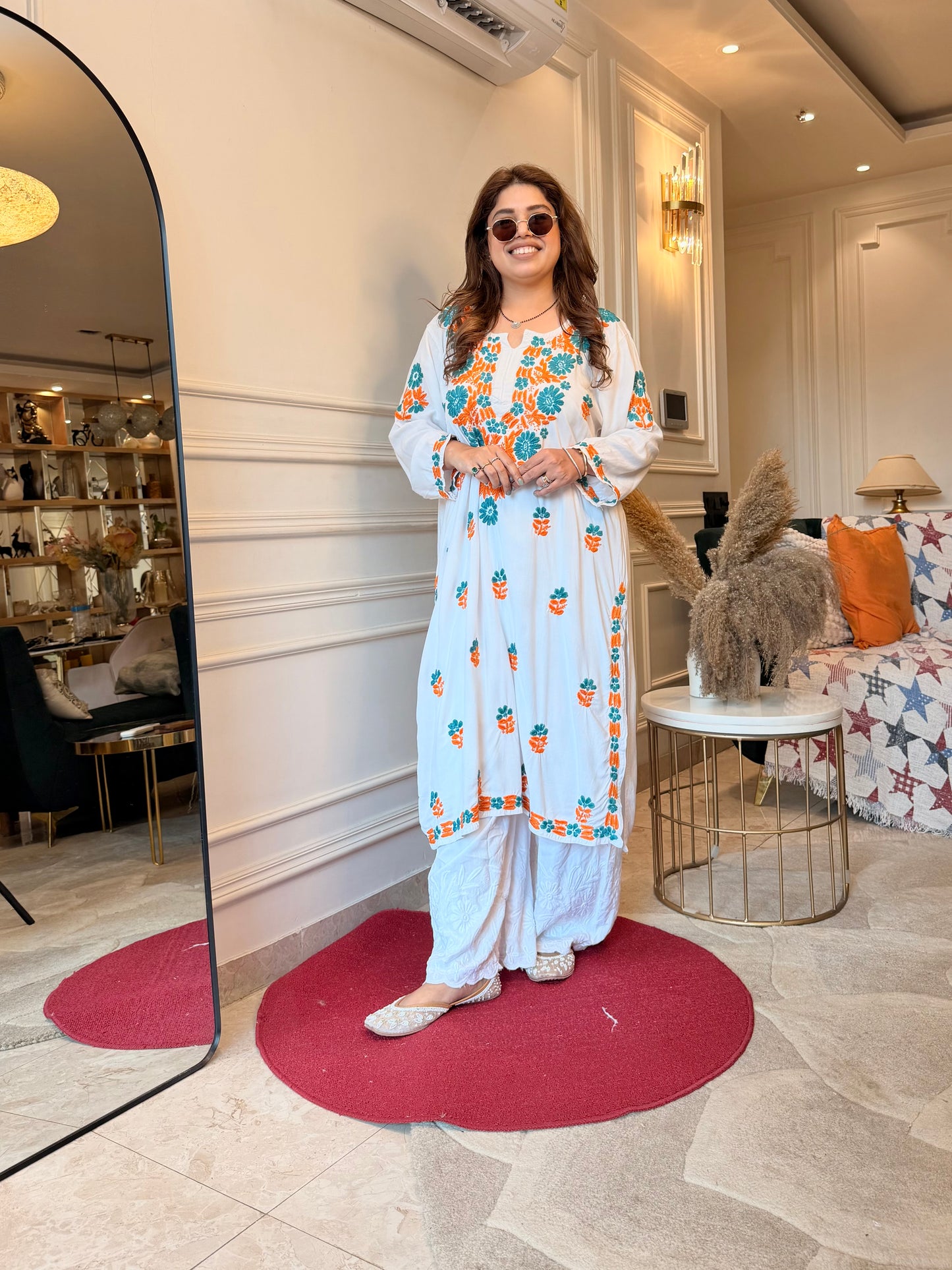 Hand embroidered Chikankari Kurta | Premium Cotton | White with Turquoise & Orange