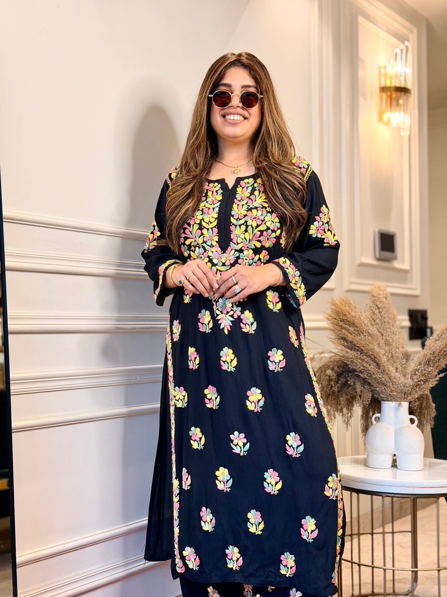 Hand Embroidered Chikankari Kurta Set | Modal | Black with Multi colour