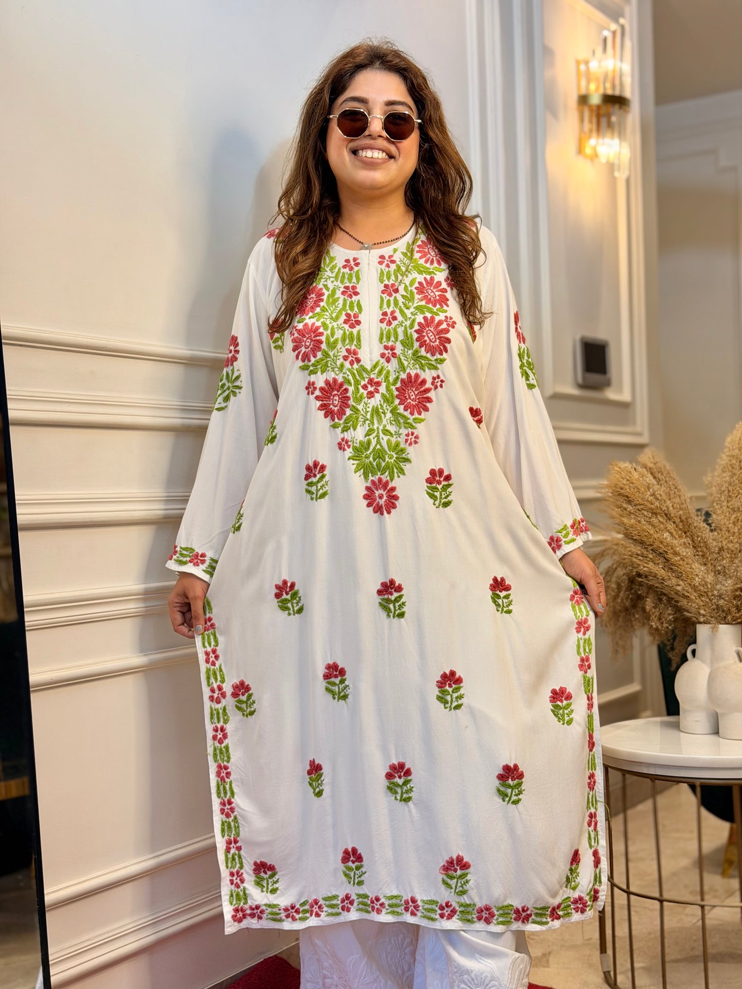 Hand embroidered Chikankari Kurta | Premium Cotton | White with Green & Pink