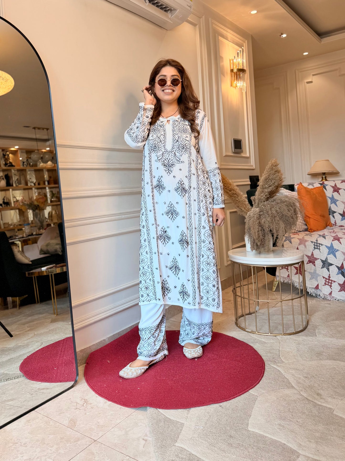Hand embroidered Chikankari Kurta Set |Premium Soft Cotton | White with Black