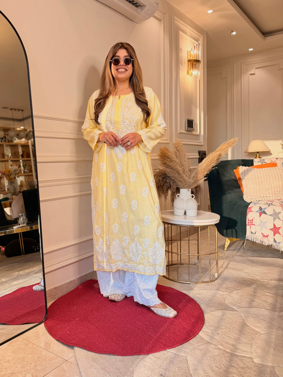 Hand Embroidered 3D Chikankari Kurta | Mul Chanderi | Butter Yellow