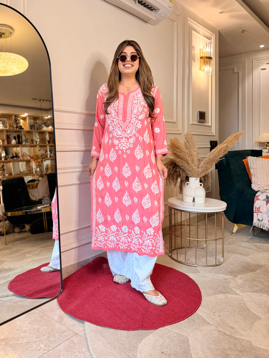 Hand Embroidered 3D Chikankari Kurta | Mul Chanderi | Coral Pink