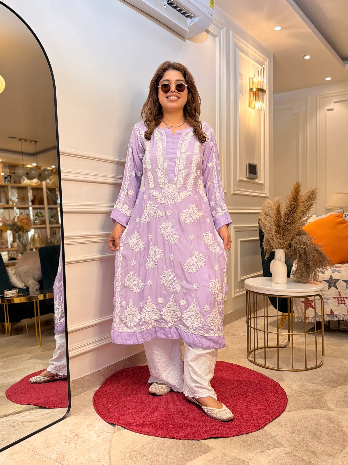 Hand Embroidered Chikankari Kurta Set | Premium Mul Chanderi | Lavender