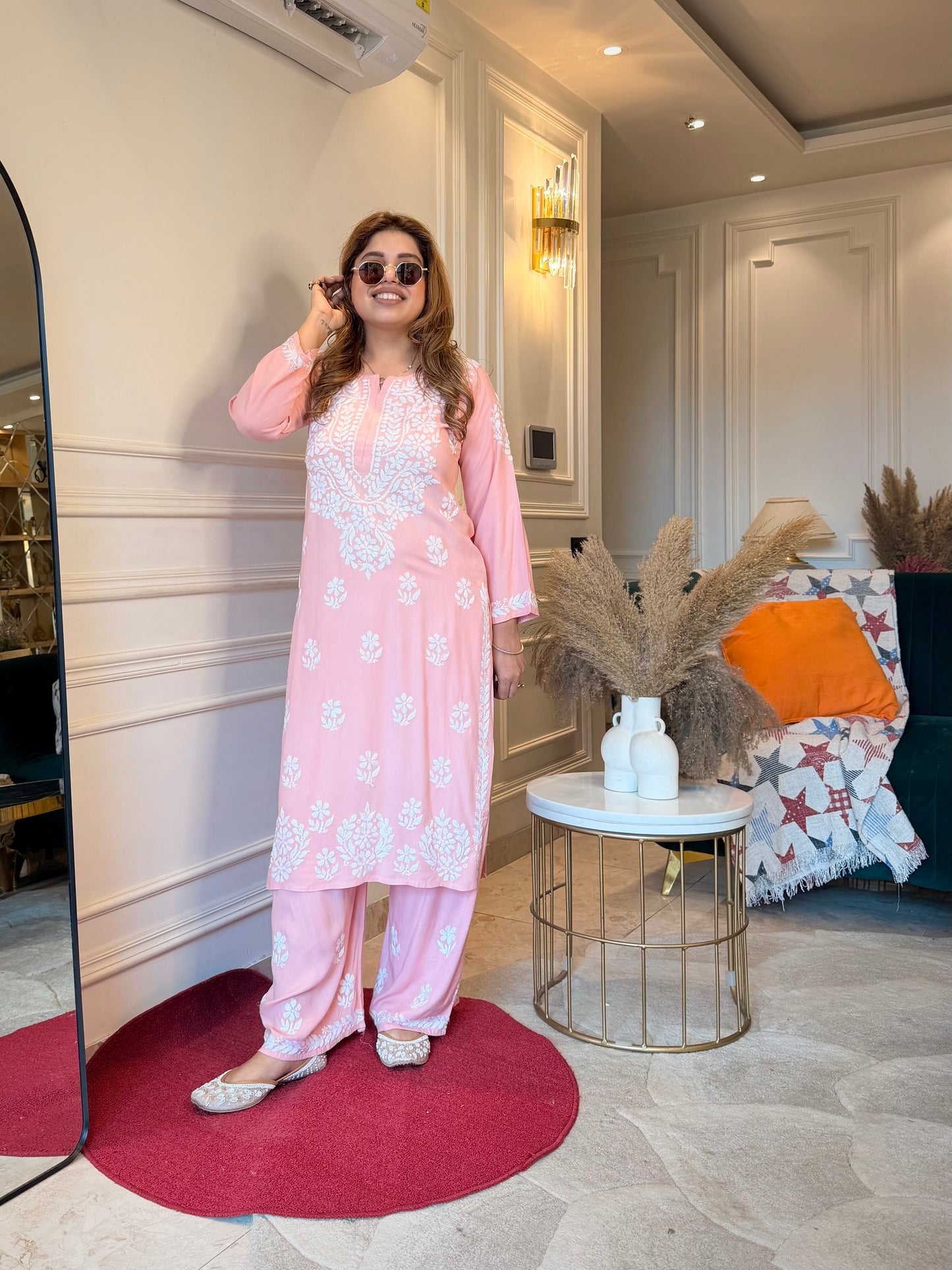 Hand Embroidered Chikankari Kurta set | Modal cotton | Light Peach