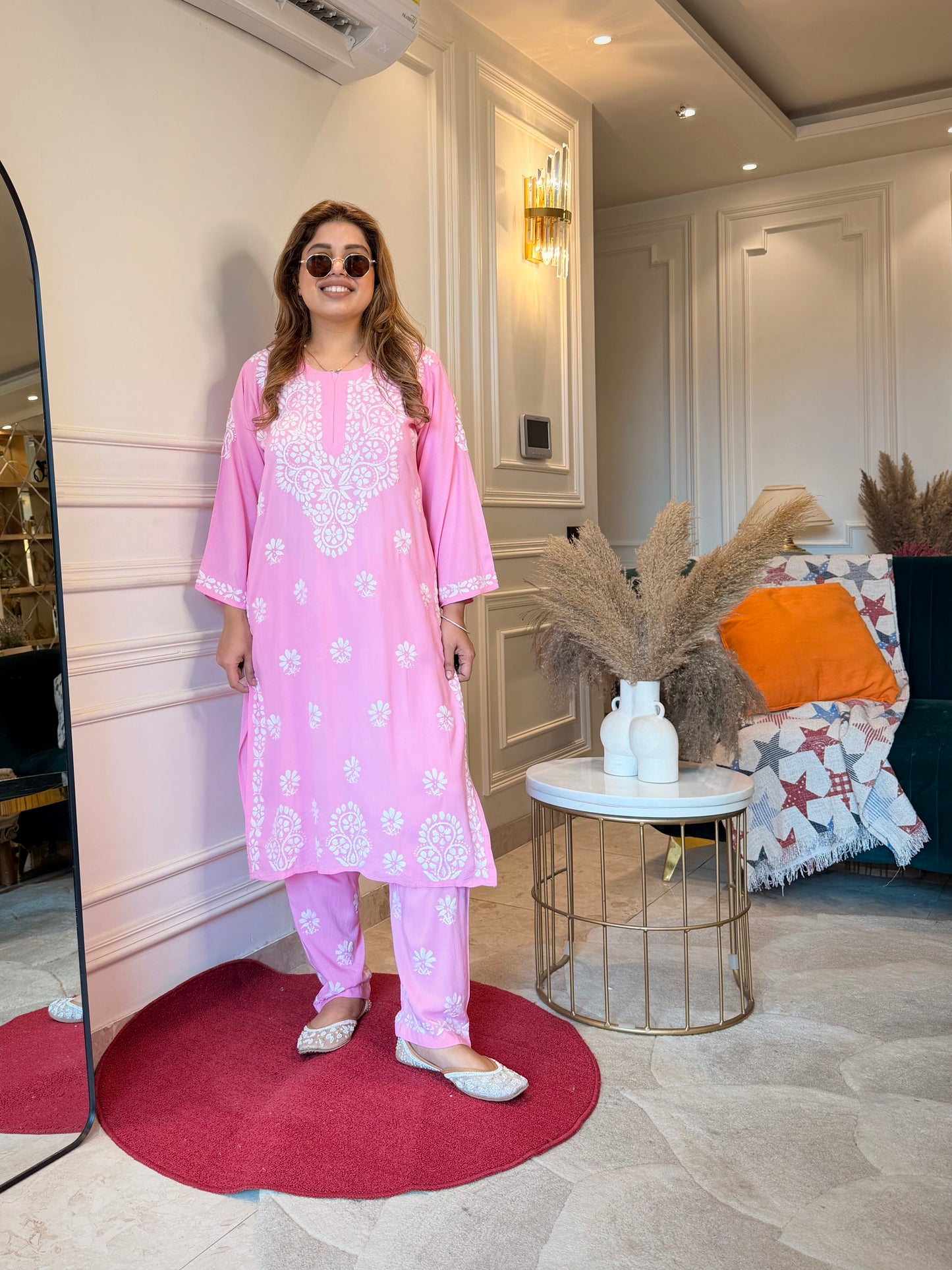 Hand Embroidered Chikankari Kurta set | Modal cotton | Pink