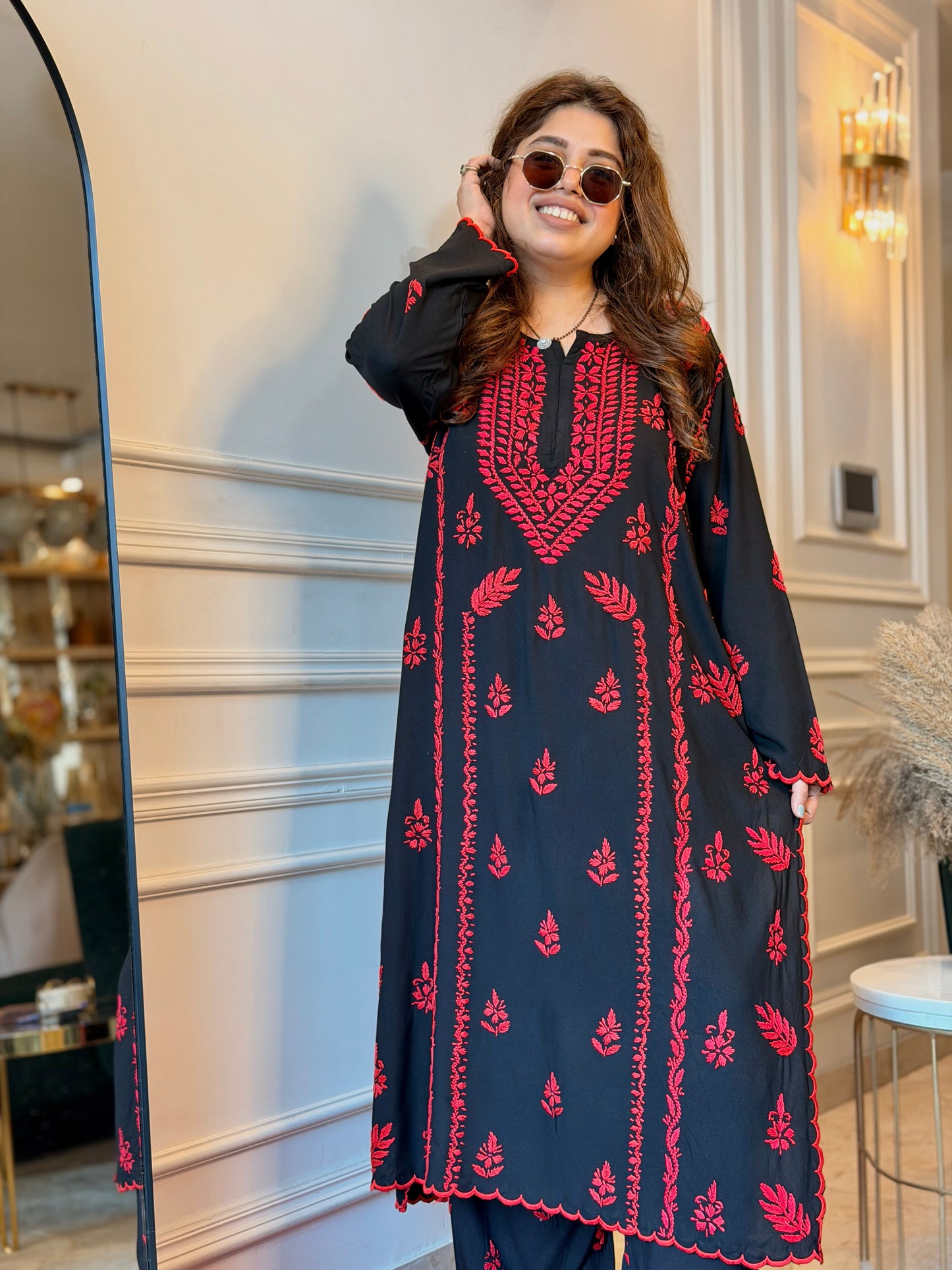 Hand Embroidered Chikankari Kurta set | Modal  | Black with Red