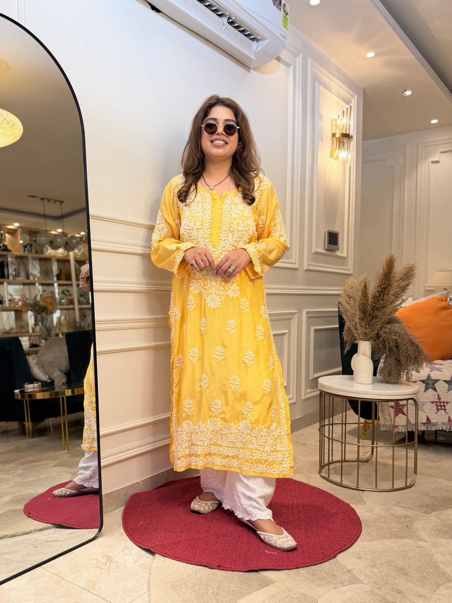 Hand Embroidered Chikankari Kurta  | Premium Mul Chanderi | Mustard Yellow