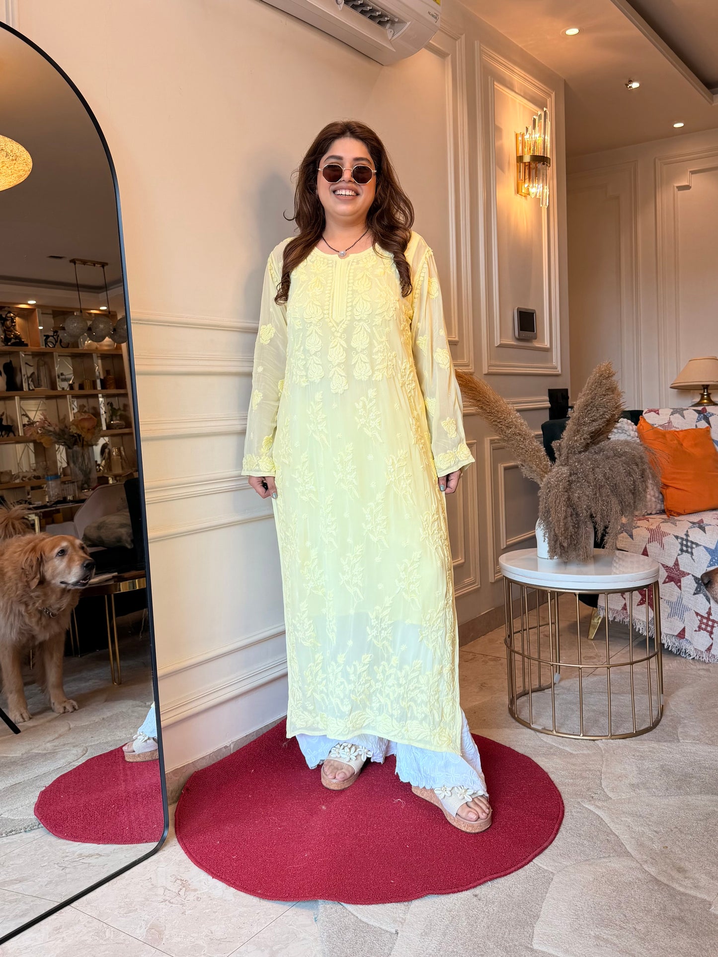 Hand Embroidered 3DChikankari Kurta  | Viscose | Butter Yellow