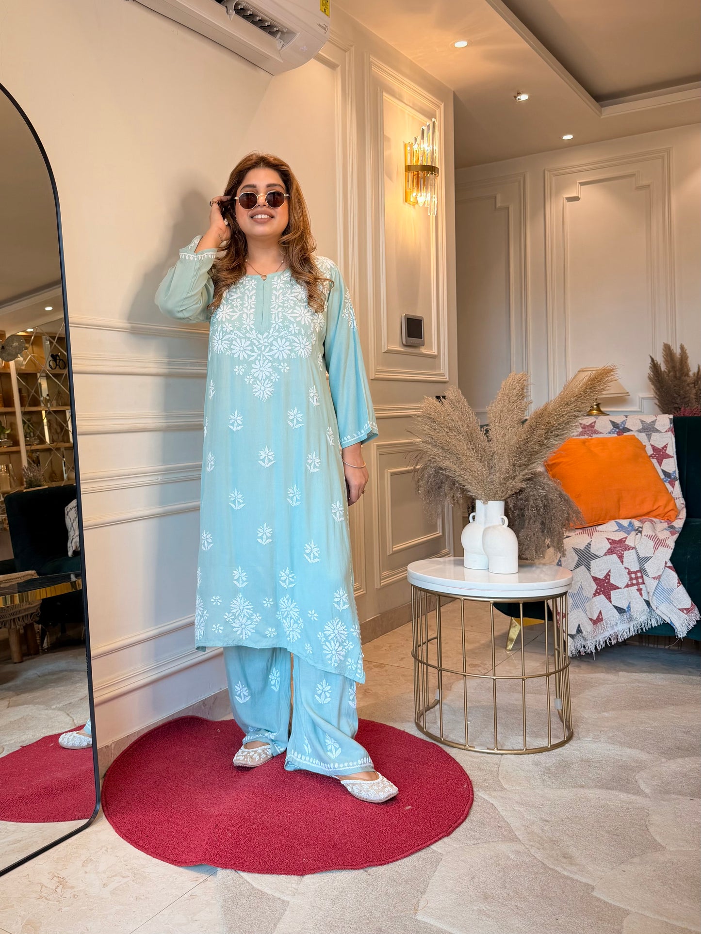 Hand Embroidered Chikankari Kurta set | Modal cotton | Mint sage