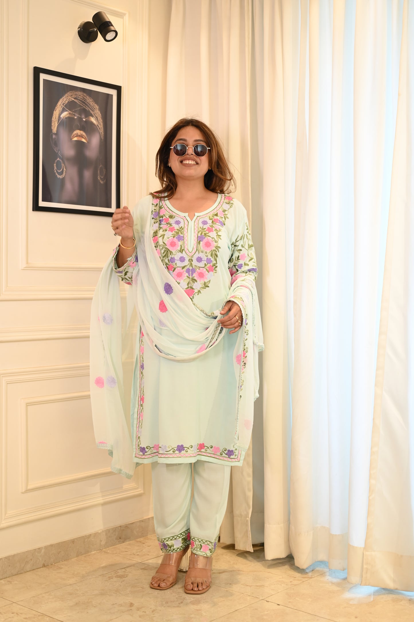 Elegant Frozi Blue Floral Embroidered Suit