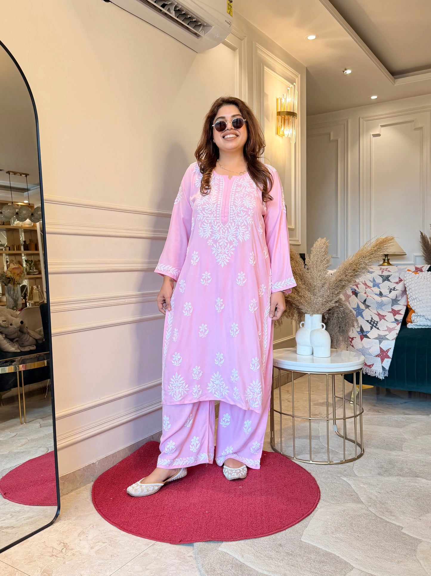 Hand Embroidered Chikankari Kurta set | Modal | Pink