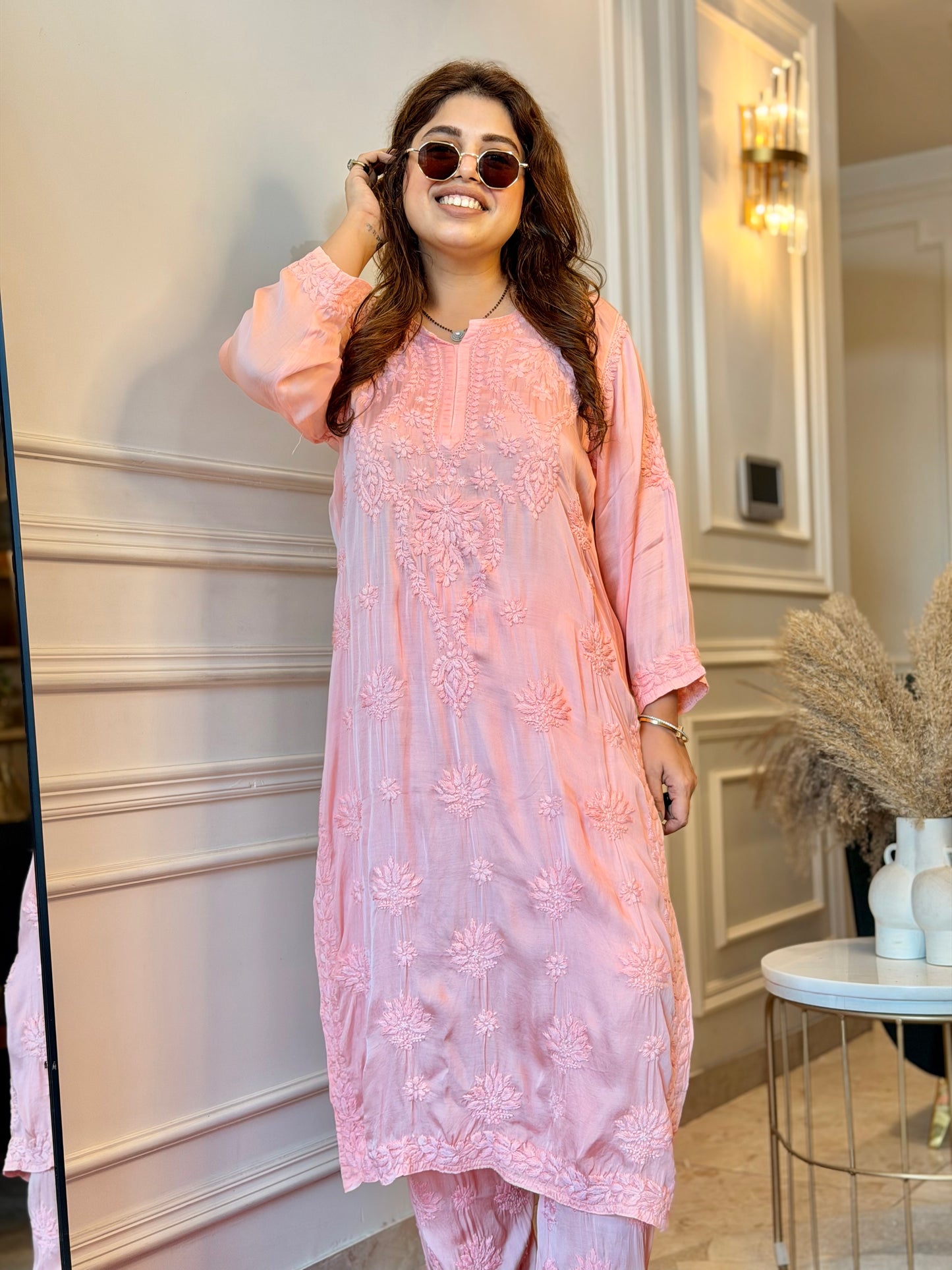 Hand Embroidered Chikankari Kurta set | Modal Satin Silk | Peach