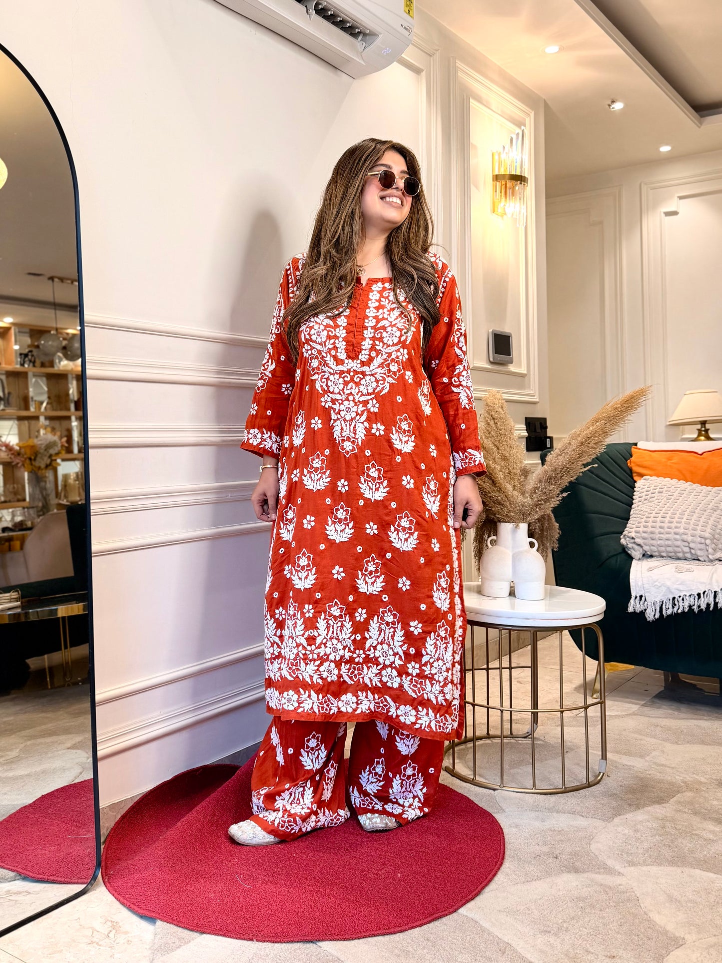 Hand embroidered 3D Chikankari Kurta set | Premium Modal| Rust Orange
