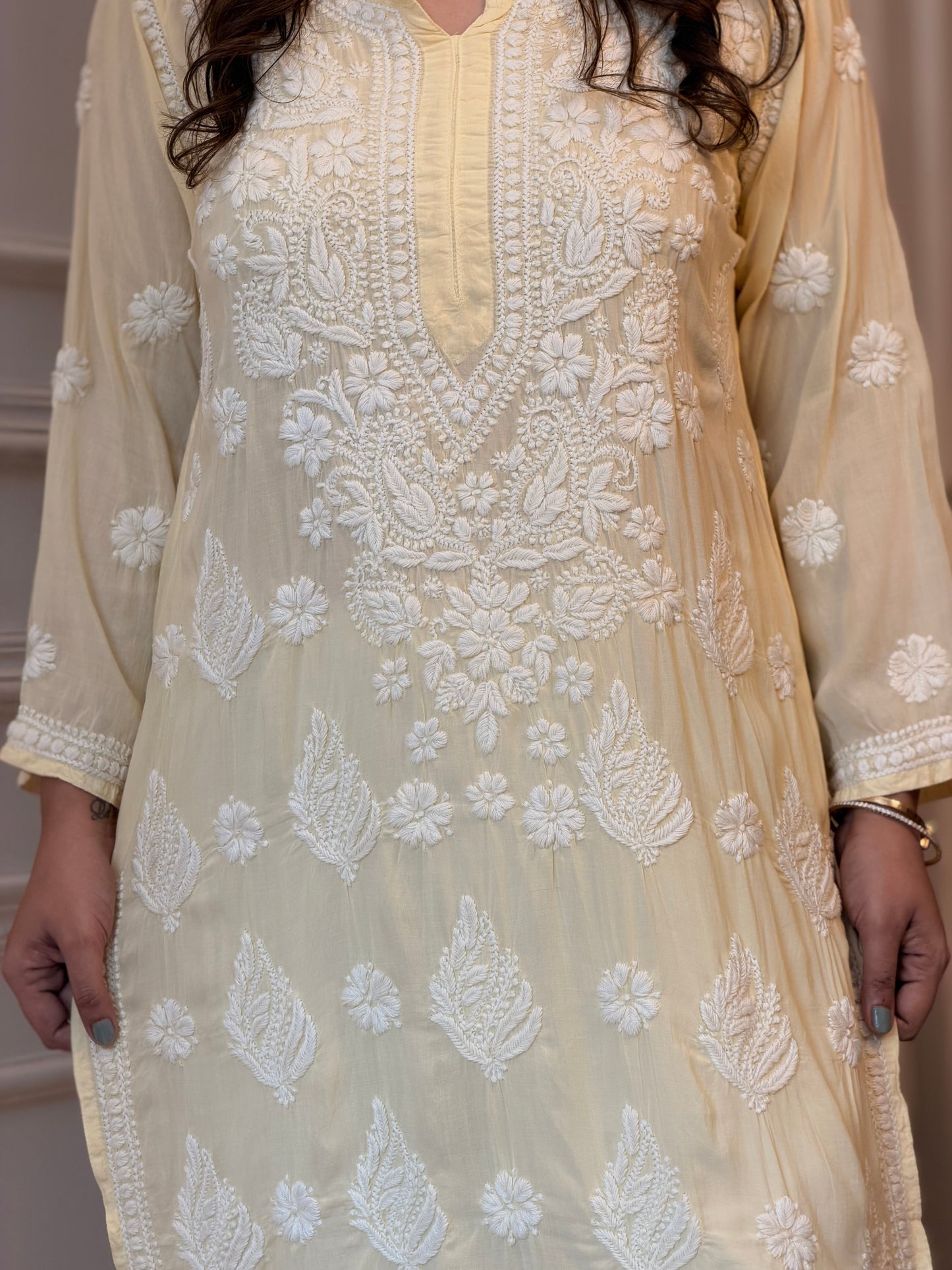 Hand Embroidered 3DChikankari Kurta  | Mul Chanderi | Butter Yellow