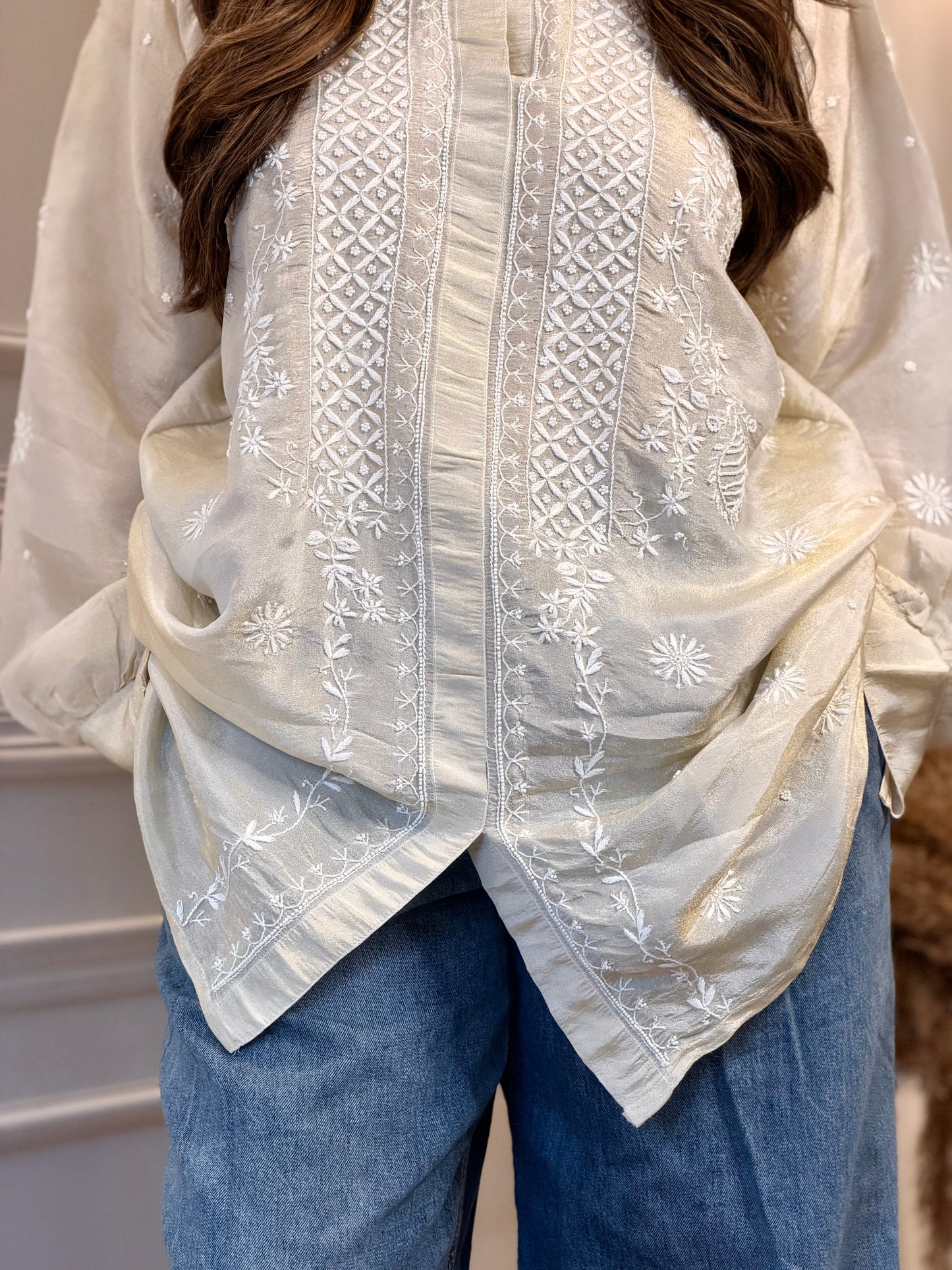 Hand Embroidered 3DChikankari Shirt | Premium Tissue | Ivory