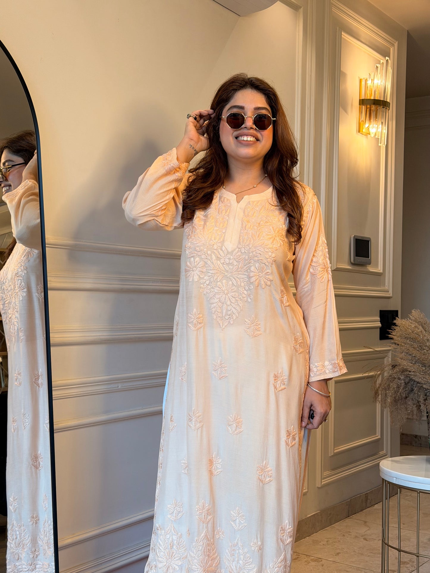 Hand embroidered Chikankari Kurta set | Mul Chanderi | Ivory colour