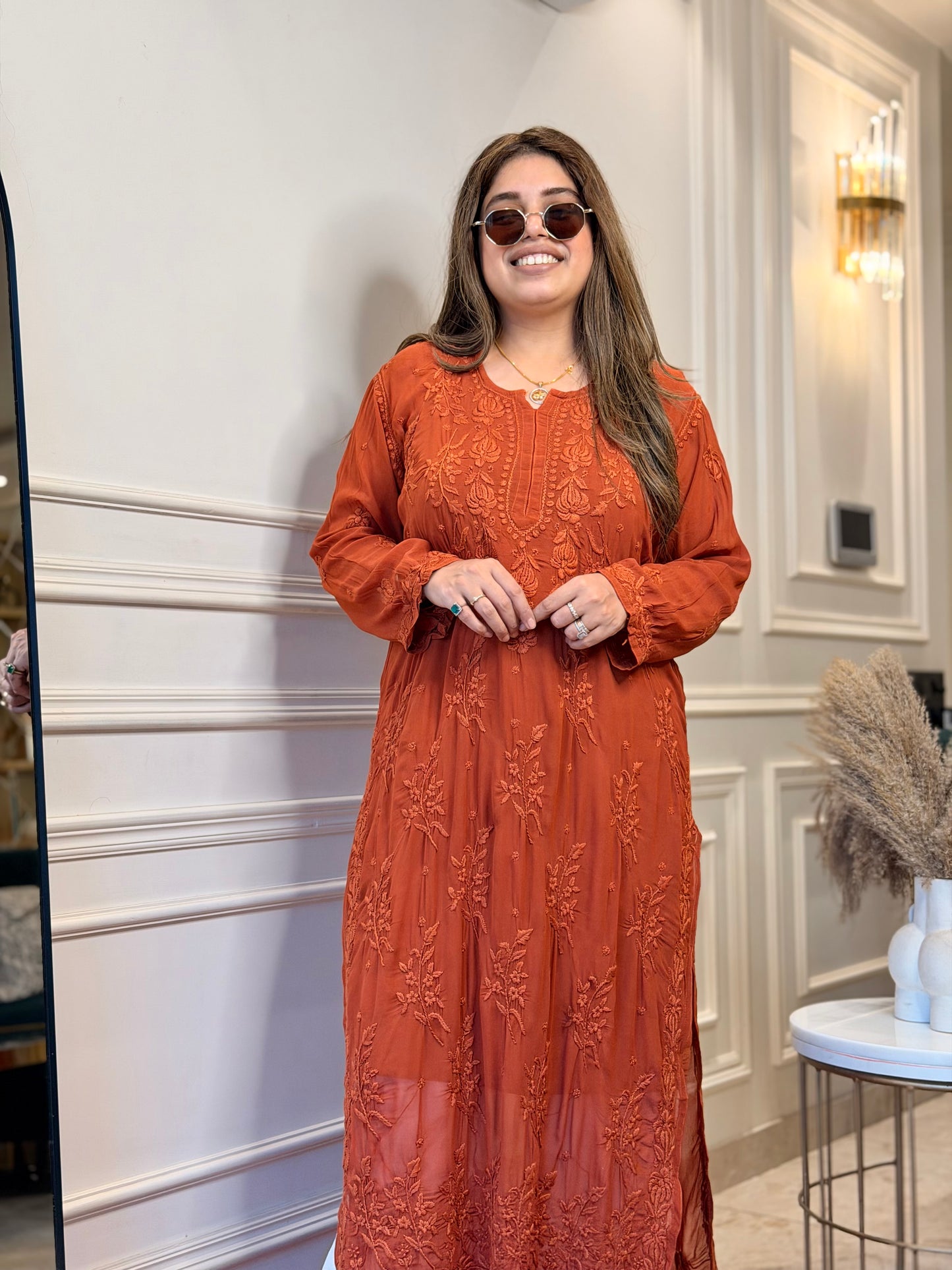 Hand Embroidered 3DChikankari Kurta  | Viscose | Rust Orange