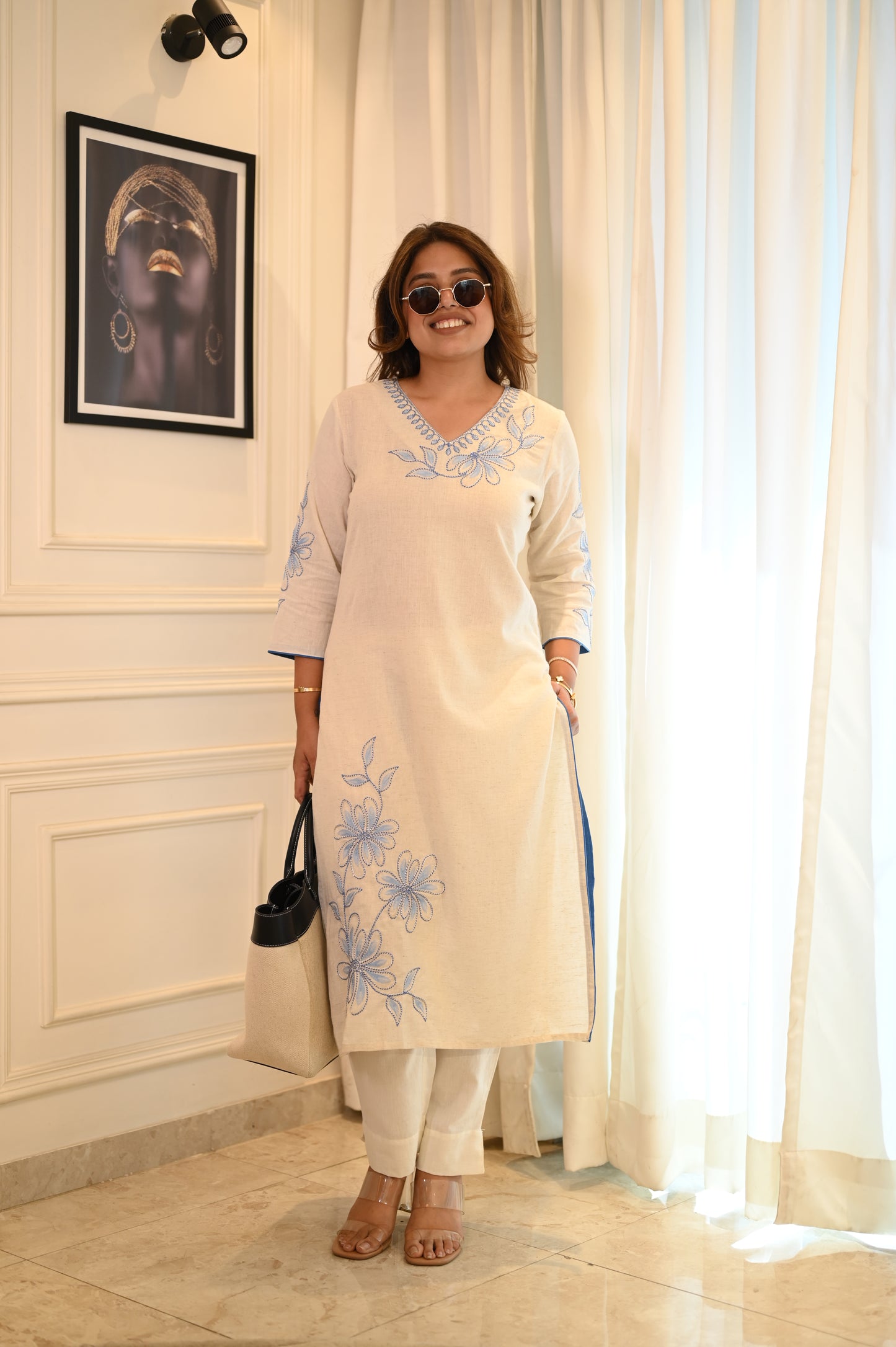 White Floral Embroidered Cotton Kurta Set