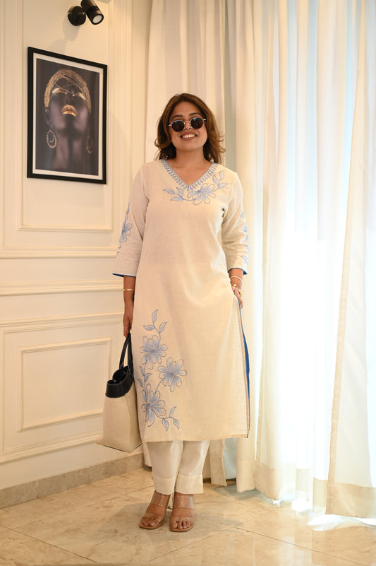 White Floral Embroidered Cotton Kurta Set