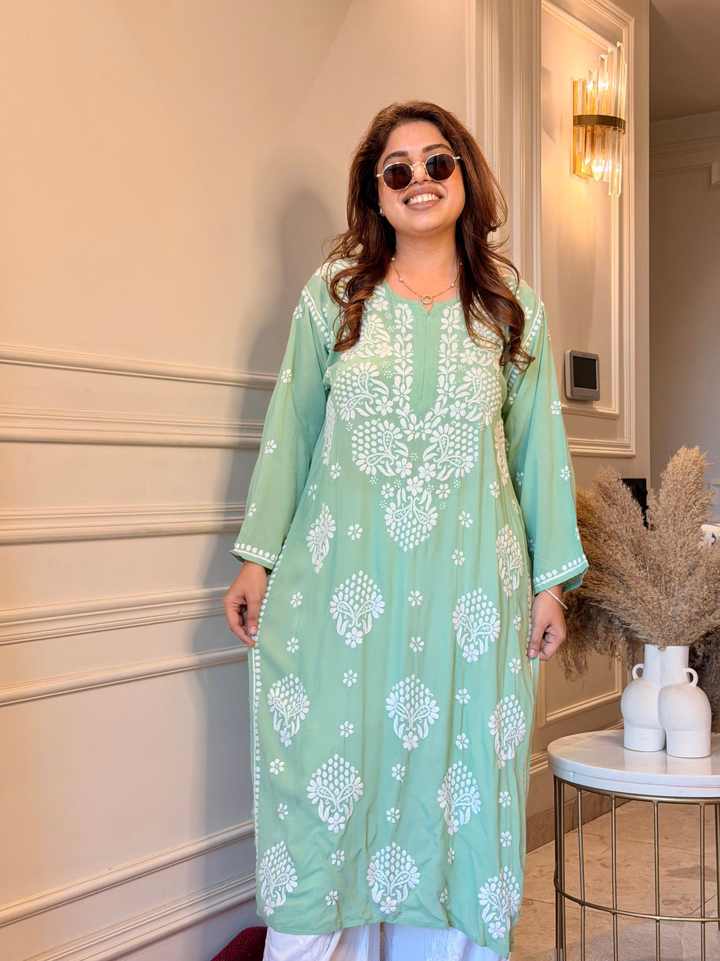 Hand Embroidered Chikankari Kurta | Modal | Sage Mint