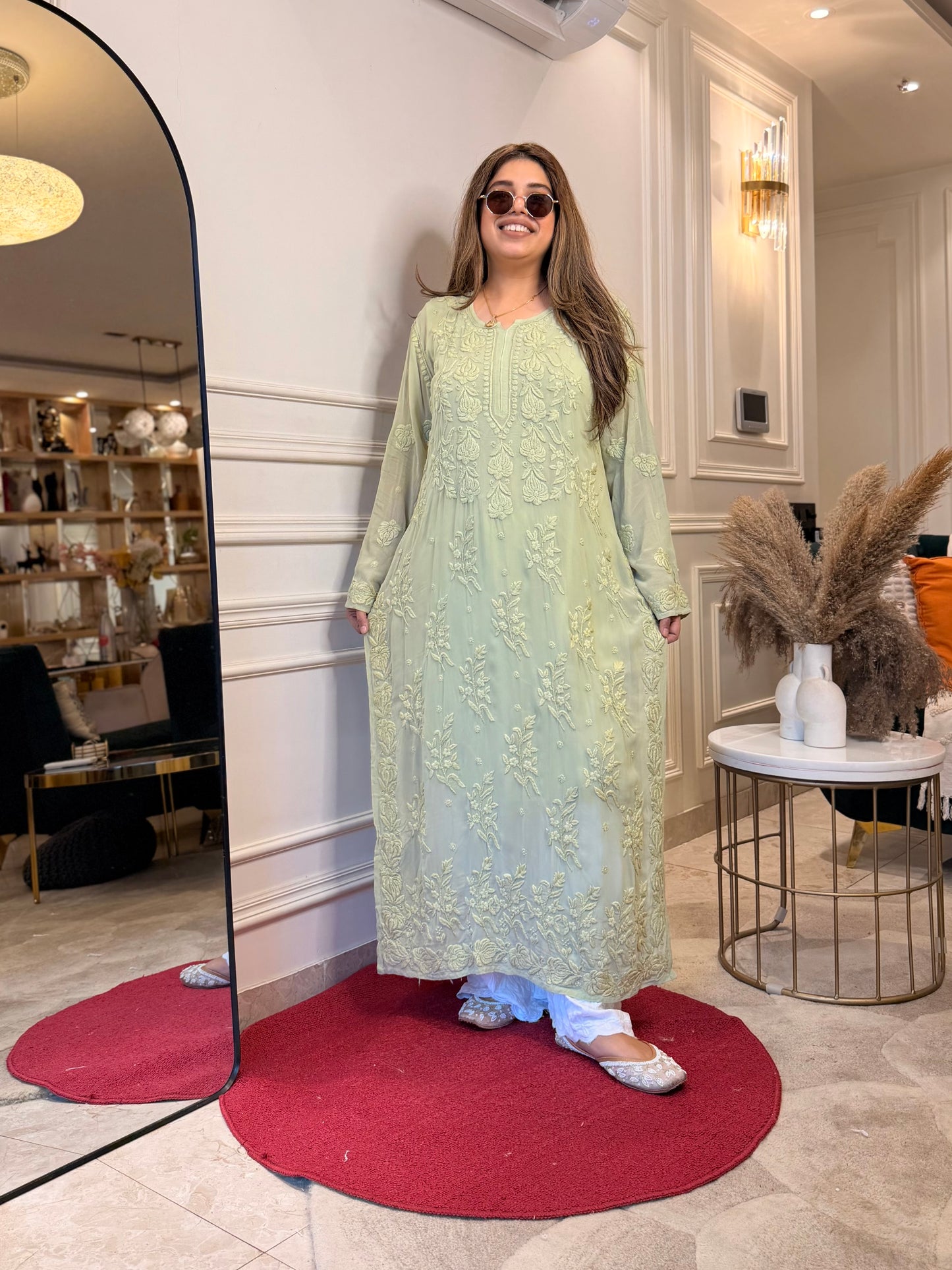 Hand Embroidered 3DChikankari Kurta  | Viscose | Olive Green