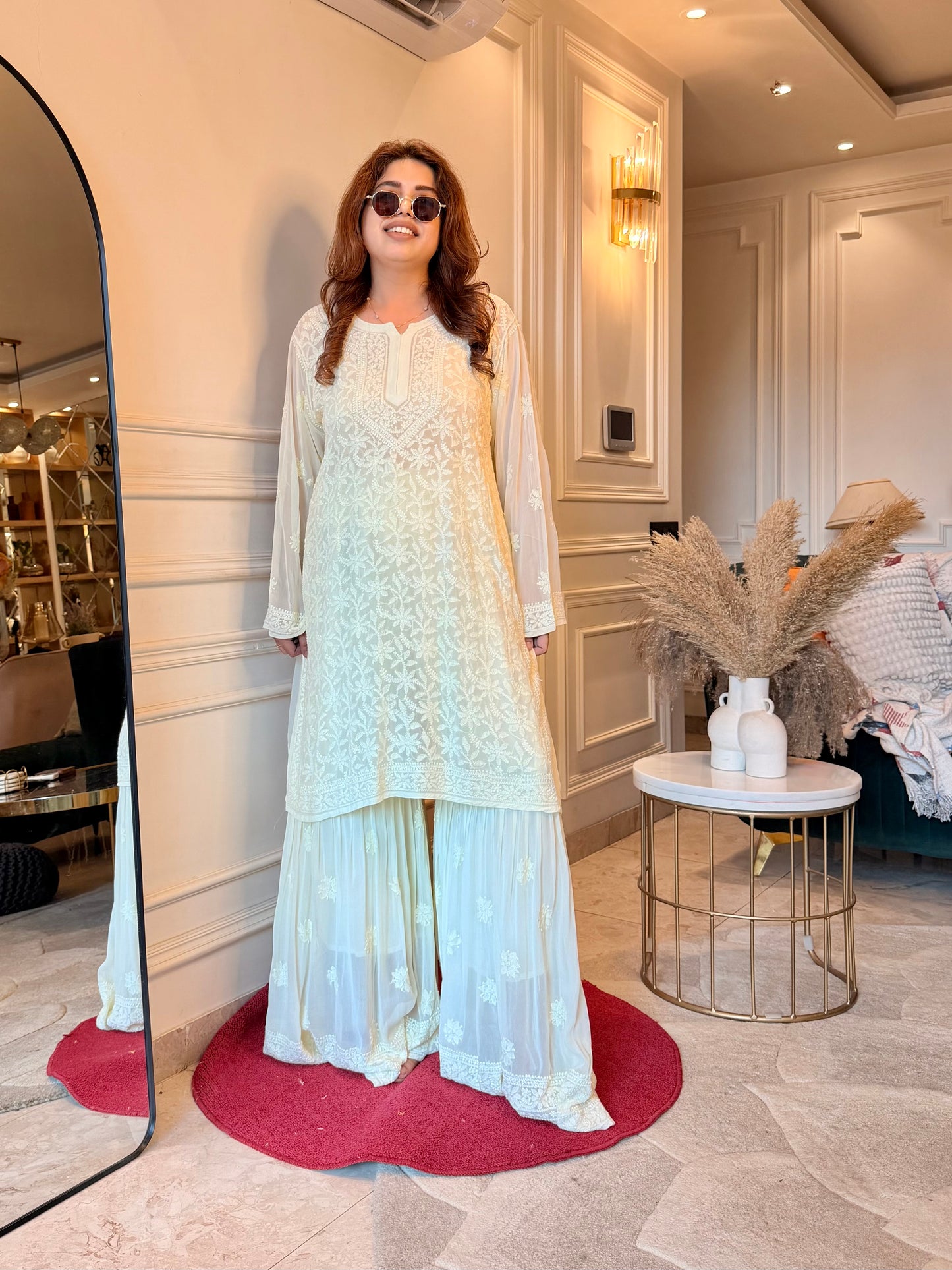 Delicate Full Zaal Hand Embroidered Chikankari Sharara set | Viscose | Lemon Yellow