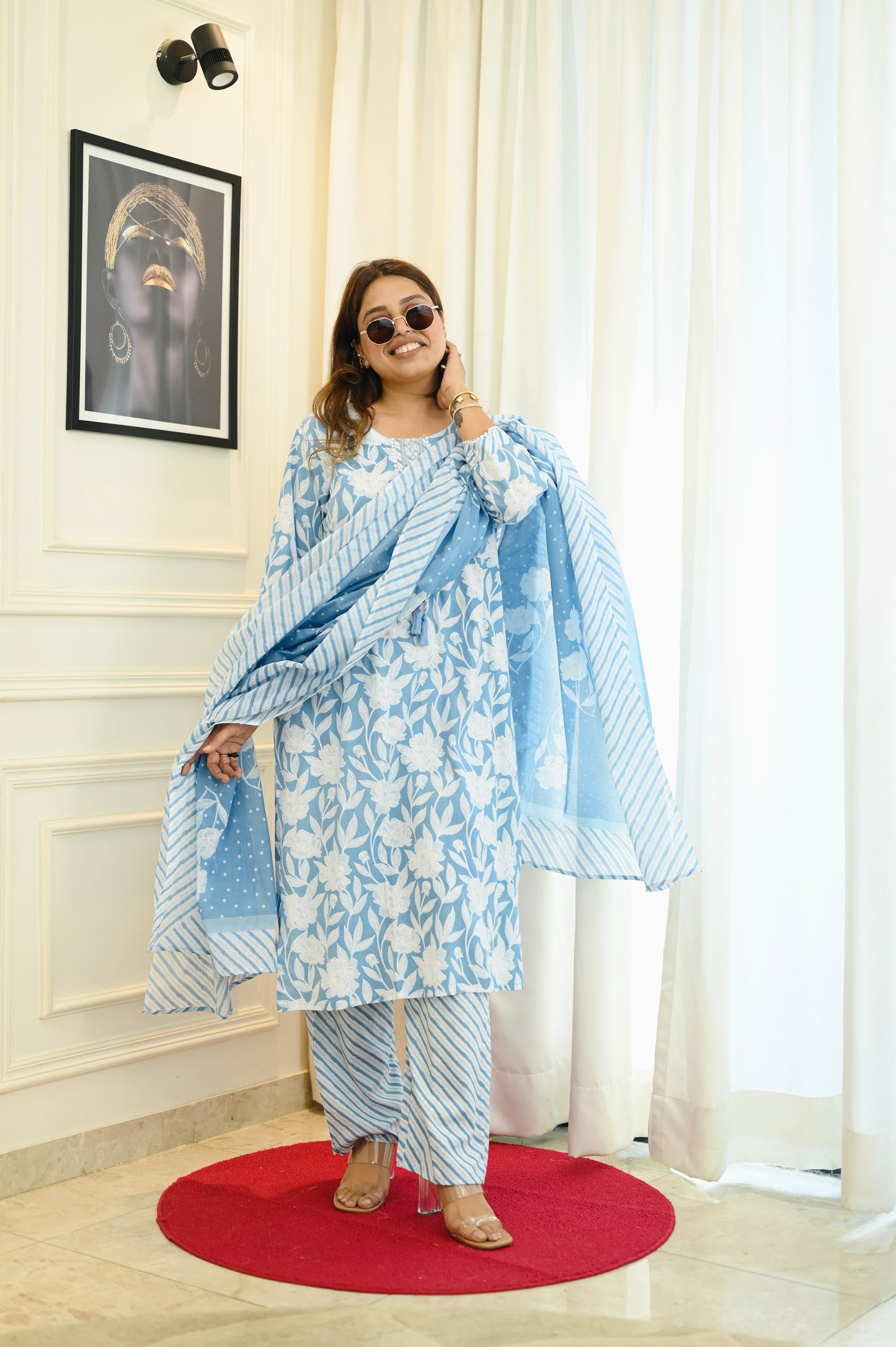 Elegant Frozi Blue Handblock Cotton Suit Set | Plus Size 3XL-6XL