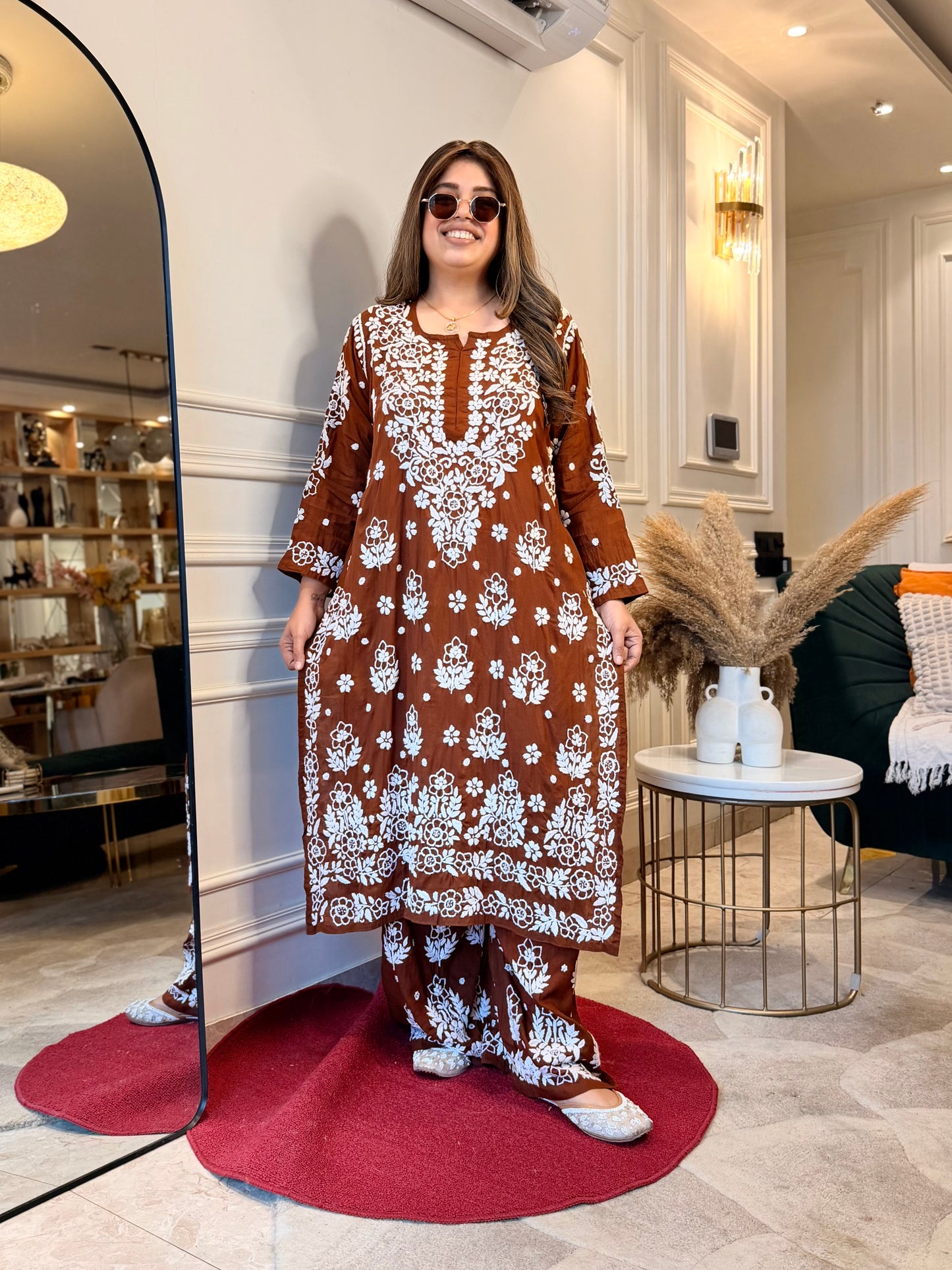 Hand embroidered 3D Chikankari Kurta set | Premium Modal| Brown