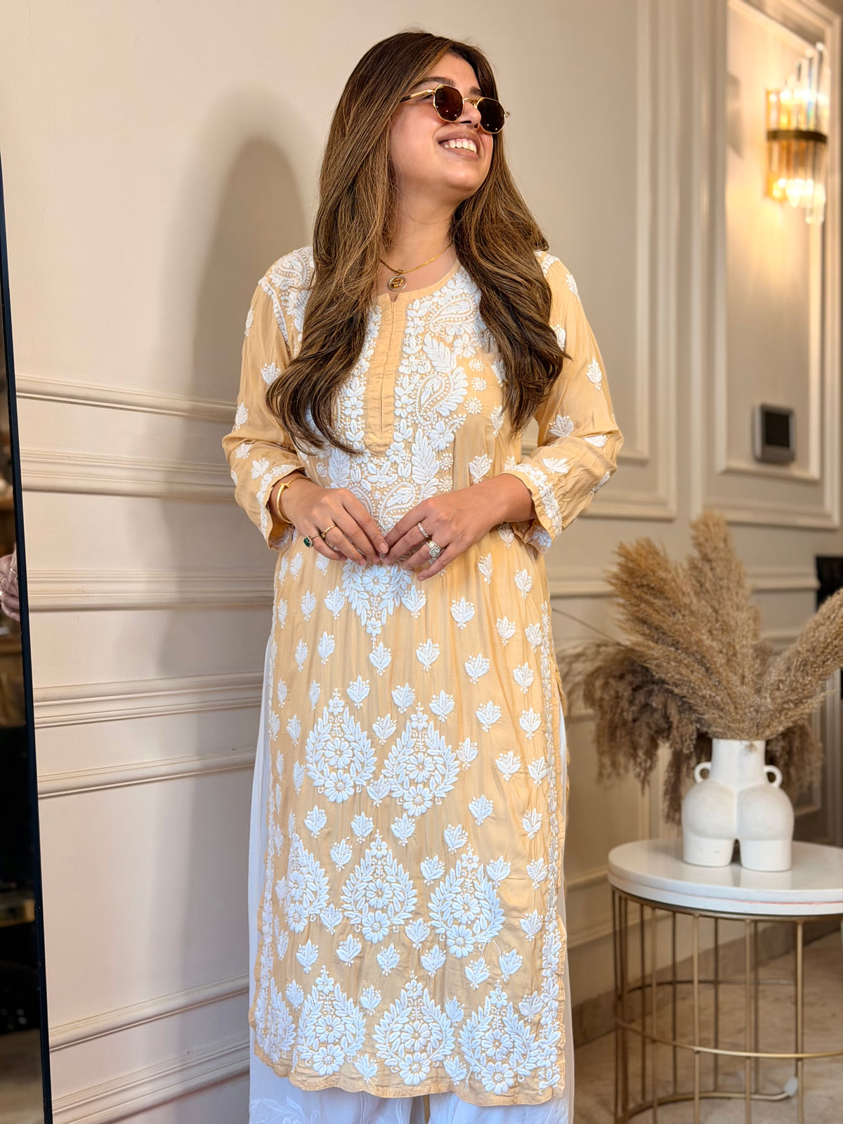 Hand Embroidered 3D Chikankari Kurta | Mul Chanderi | Beige