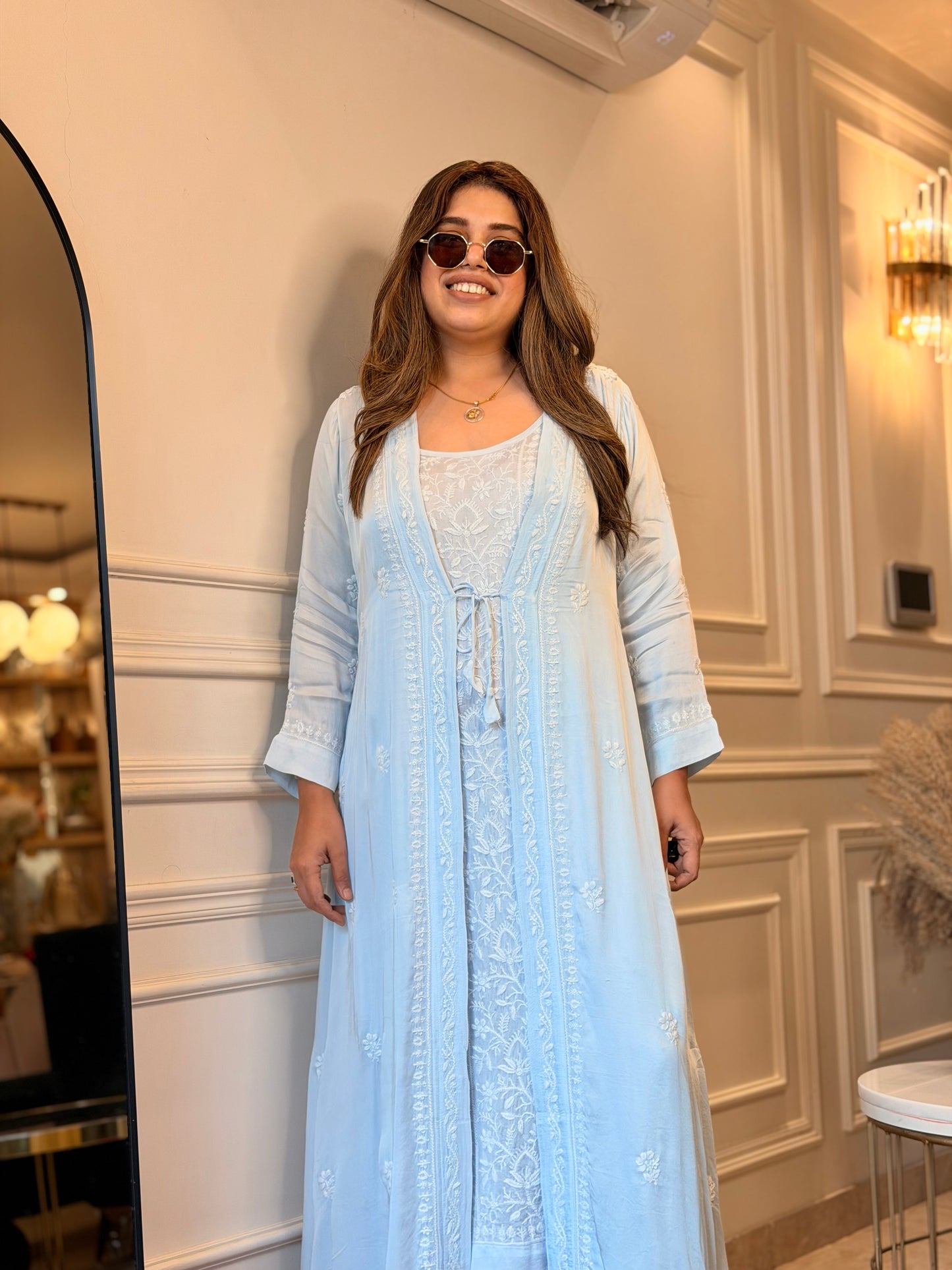 Premium 3 Piece Hand Embroidered Chikankari Kurta set | Modal satin | Powder Blue
