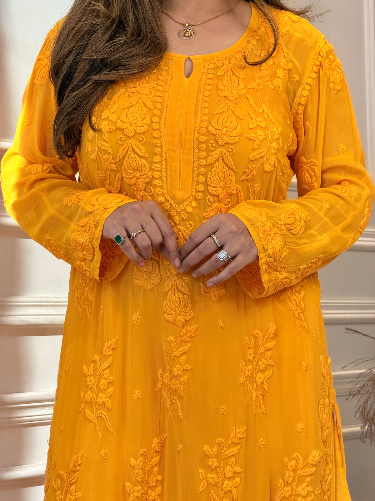 Hand Embroidered 3DChikankari Kurta  | Viscose | Mustard