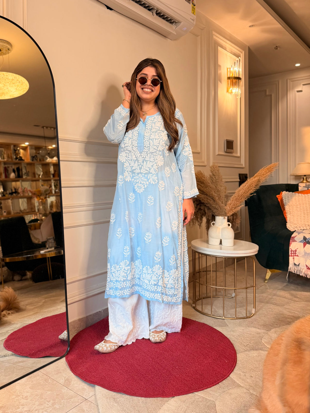 Hand Embroidered 3D Chikankari Kurta | Mul Chanderi | Sky Blue
