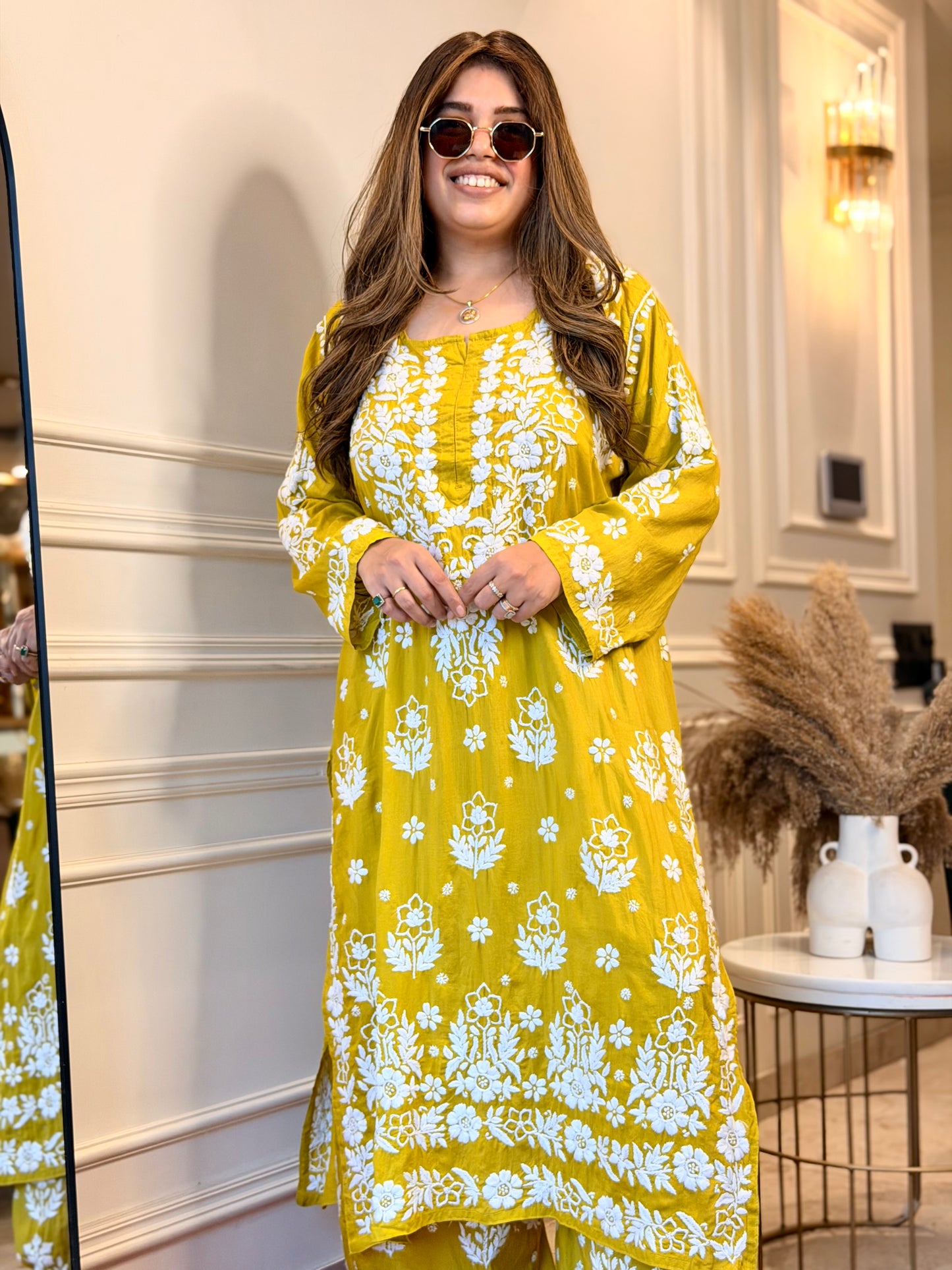 Hand embroidered 3D Chikankari Kurta set | Premium Modal| Olive Green