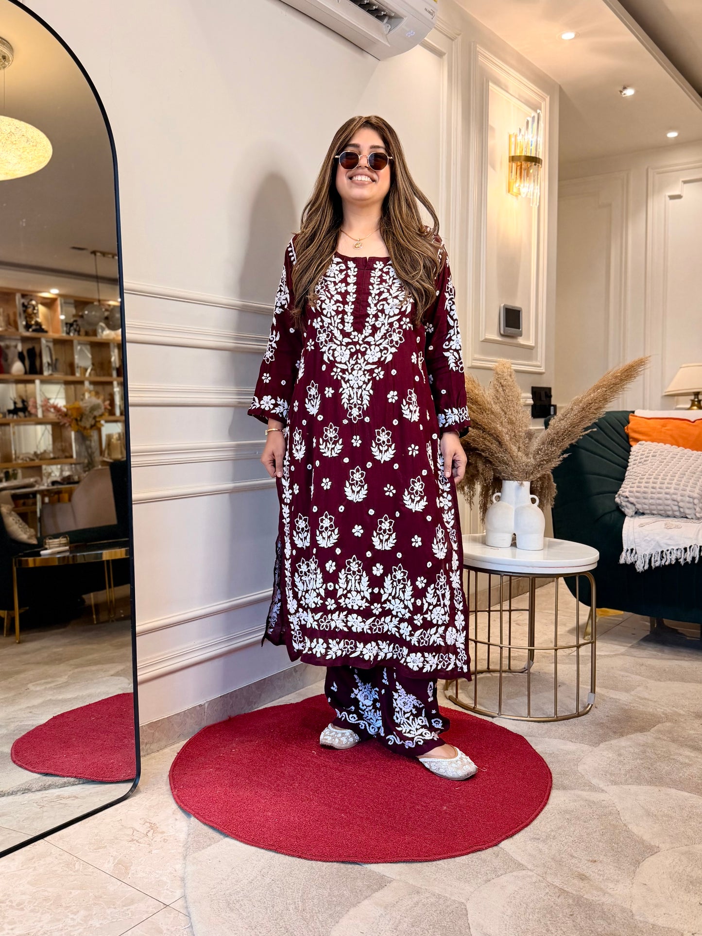 Hand embroidered 3D Chikankari Kurta set | Premium Modal| Mahroon