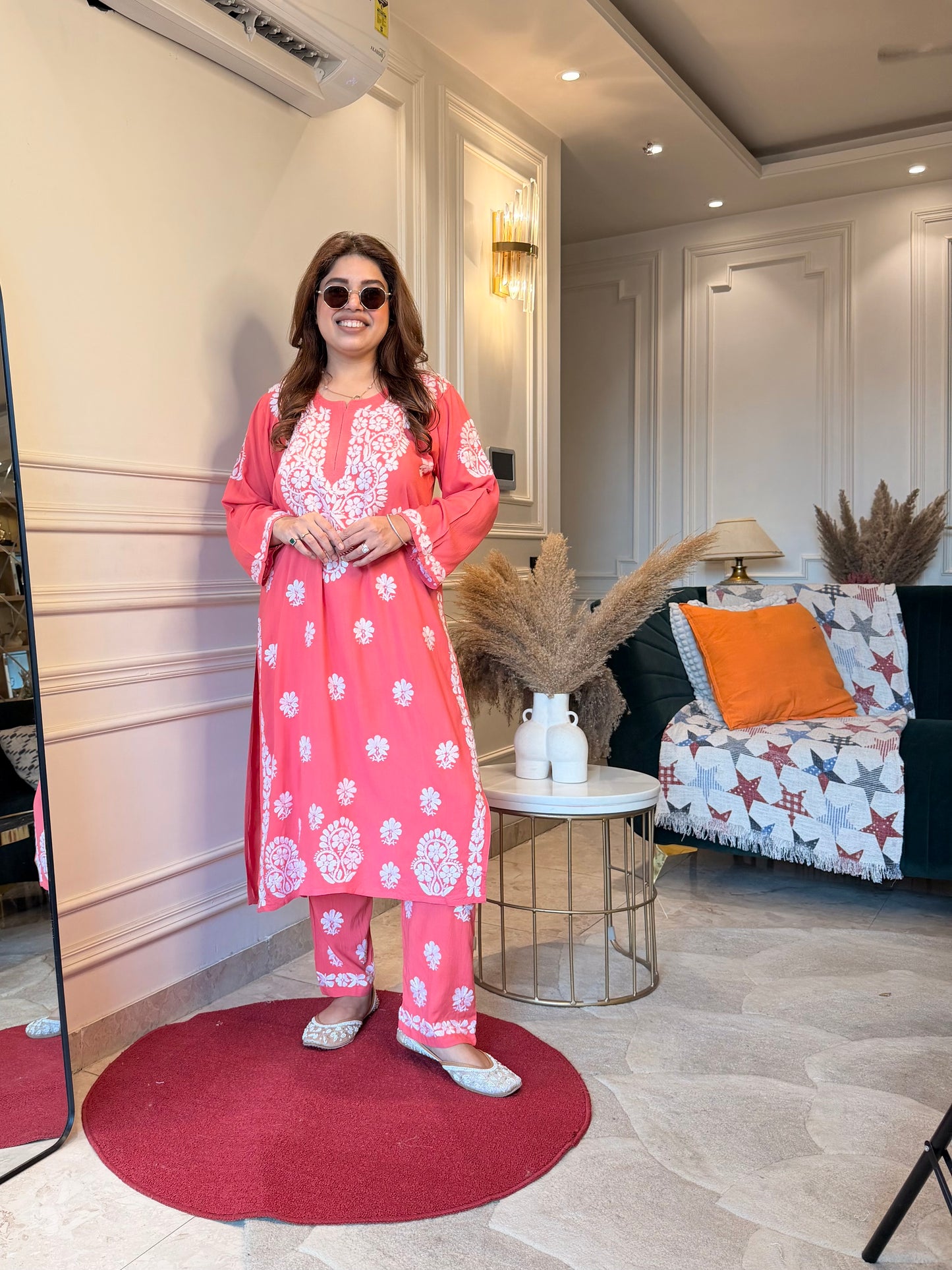 Hand Embroidered Chikankari Kurta set | Modal | Watermelon Pink