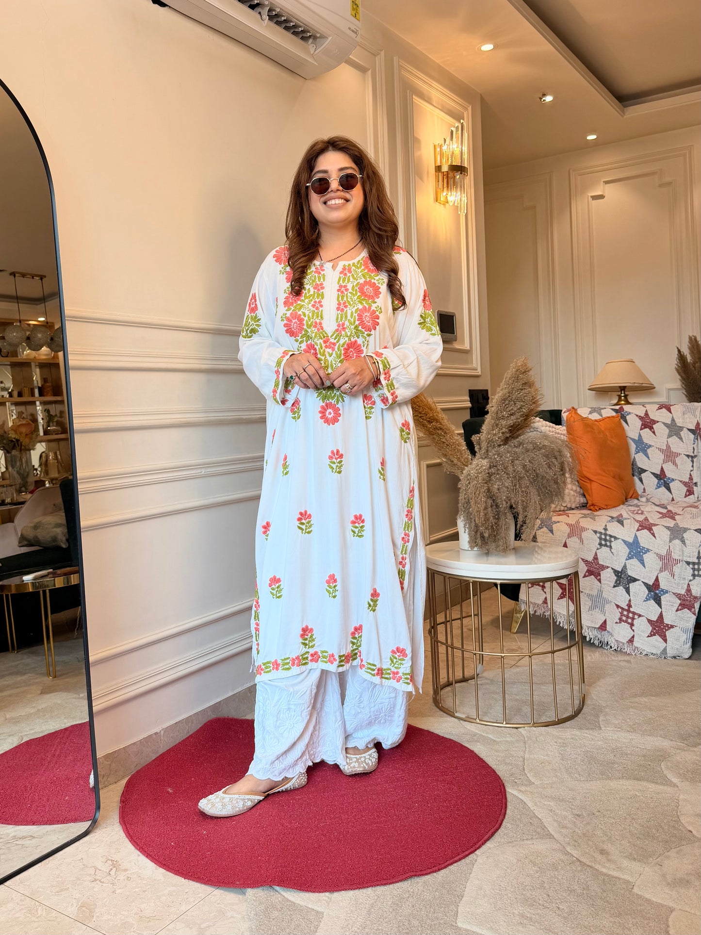 Hand embroidered Chikankari Kurta | Premium Cotton | White with Light Pink & Green