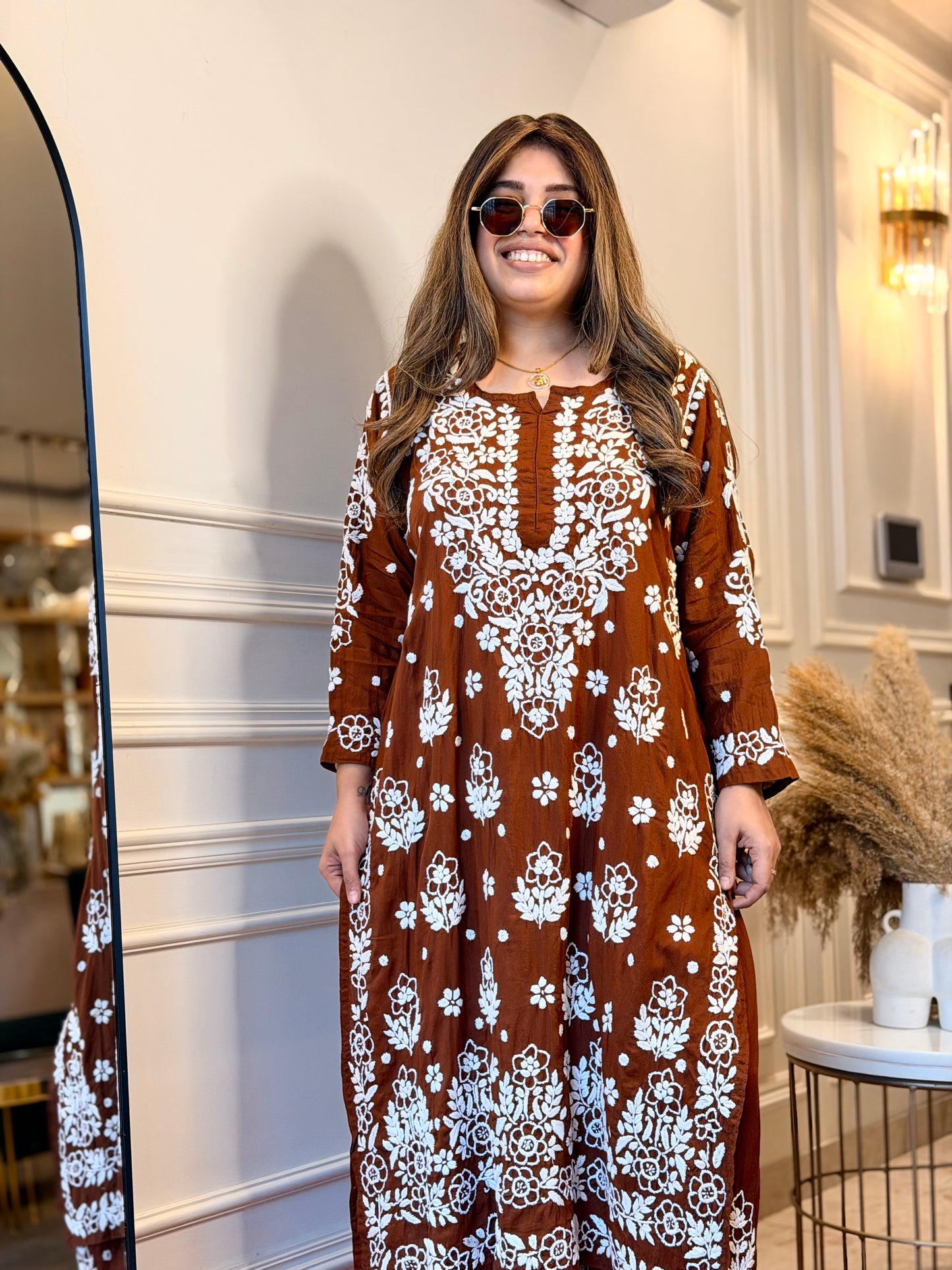 Hand embroidered 3D Chikankari Kurta set | Premium Modal| Brown