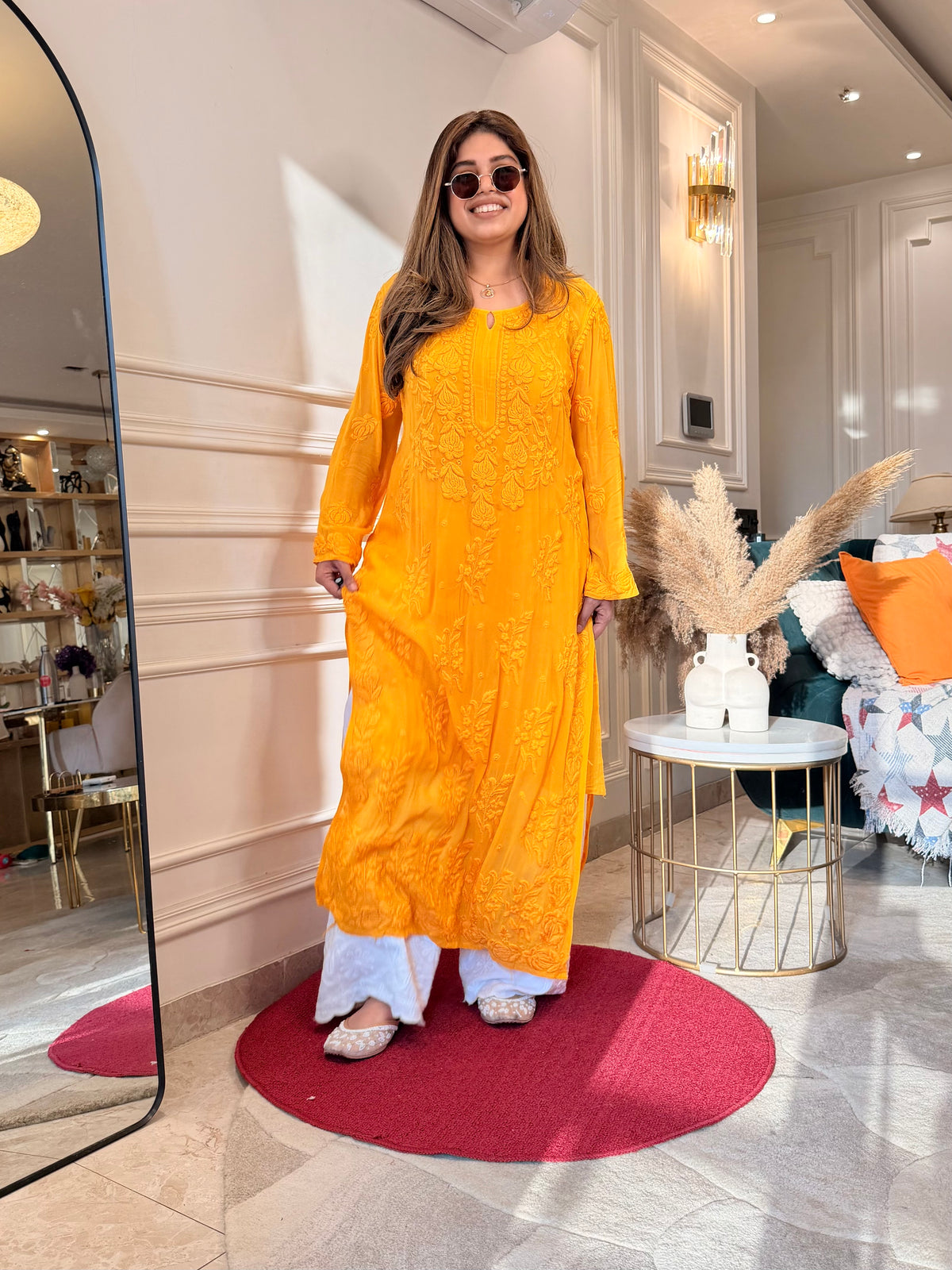 Hand Embroidered 3DChikankari Kurta  | Viscose | Mustard