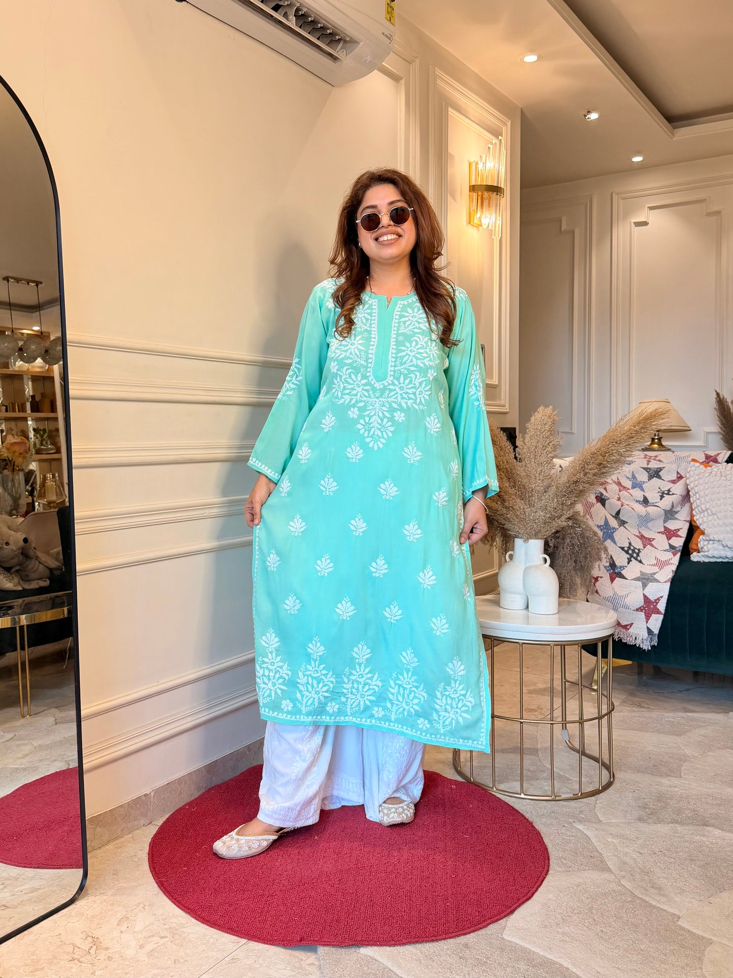 Hand Embroidered Chikankari Kurta | Modal | Aqua Mint