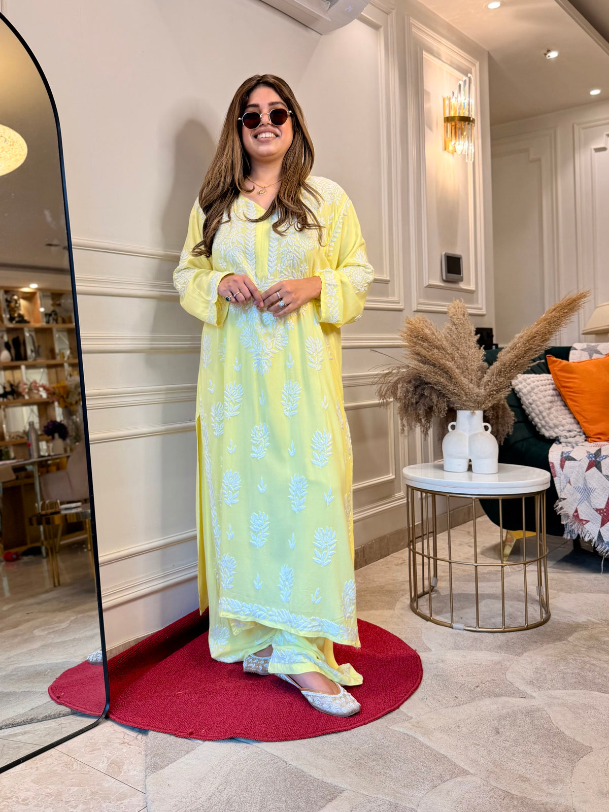 3d Hand Embroidered Chikankari Kurta set | Premium Modal | Lemon Yellow