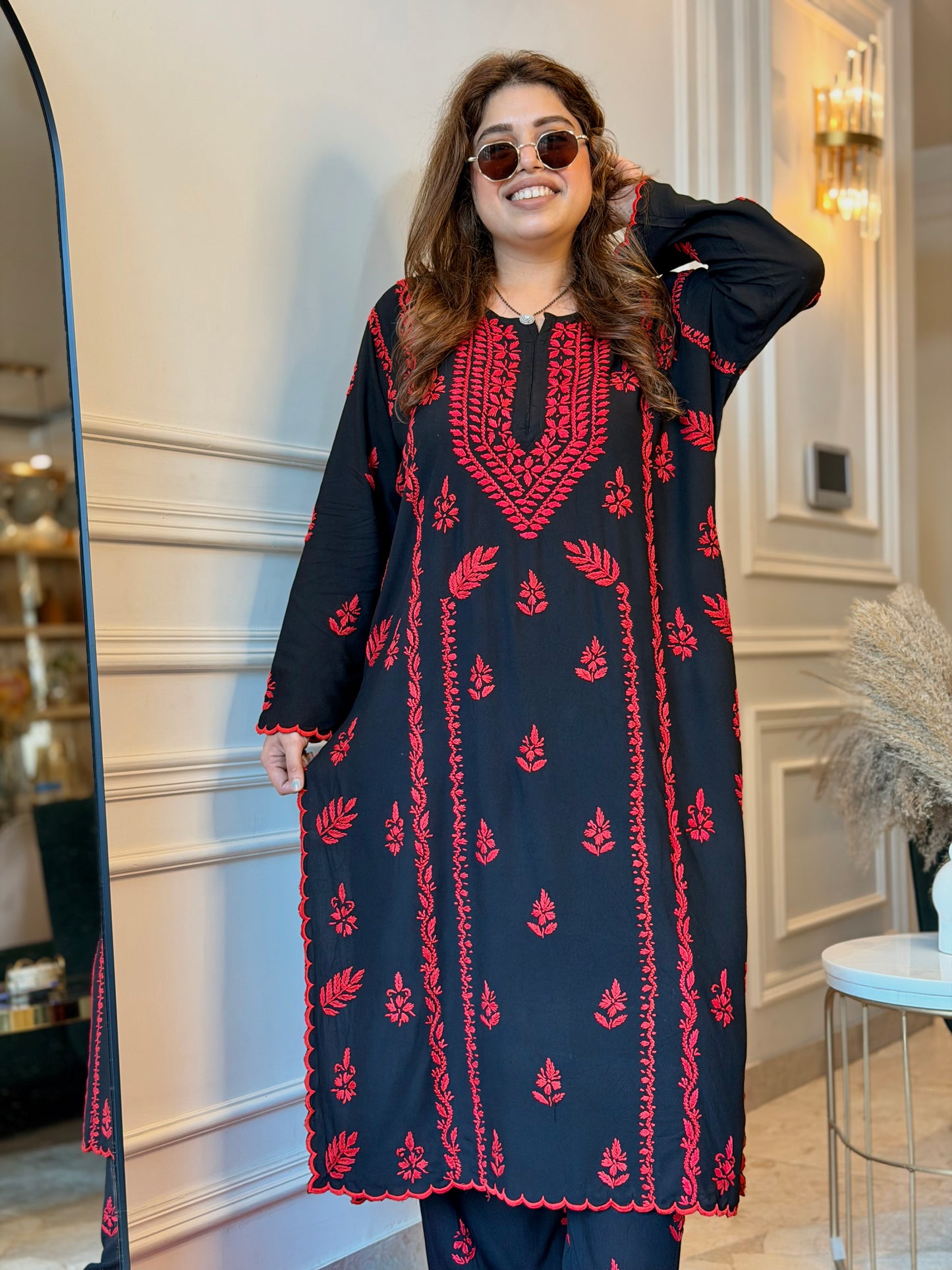 Hand Embroidered Chikankari Kurta set | Modal  | Black with Red