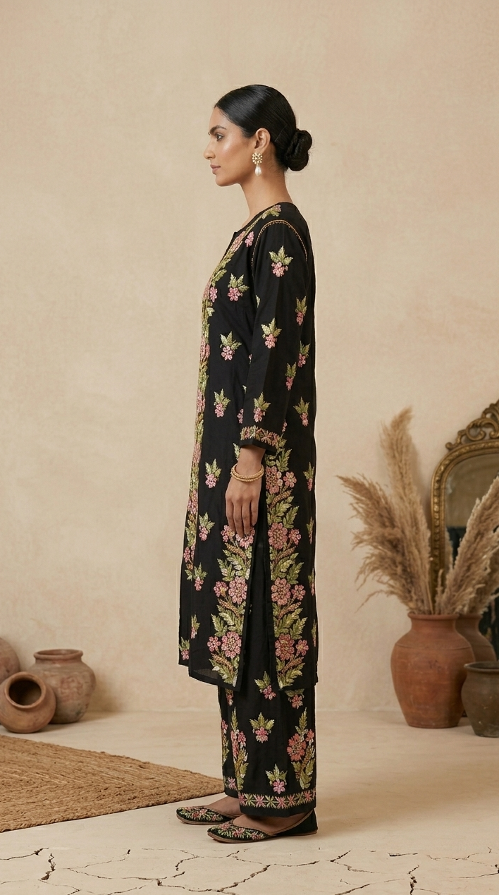 Hand Embroidered Chikankari Kurta Set - Black