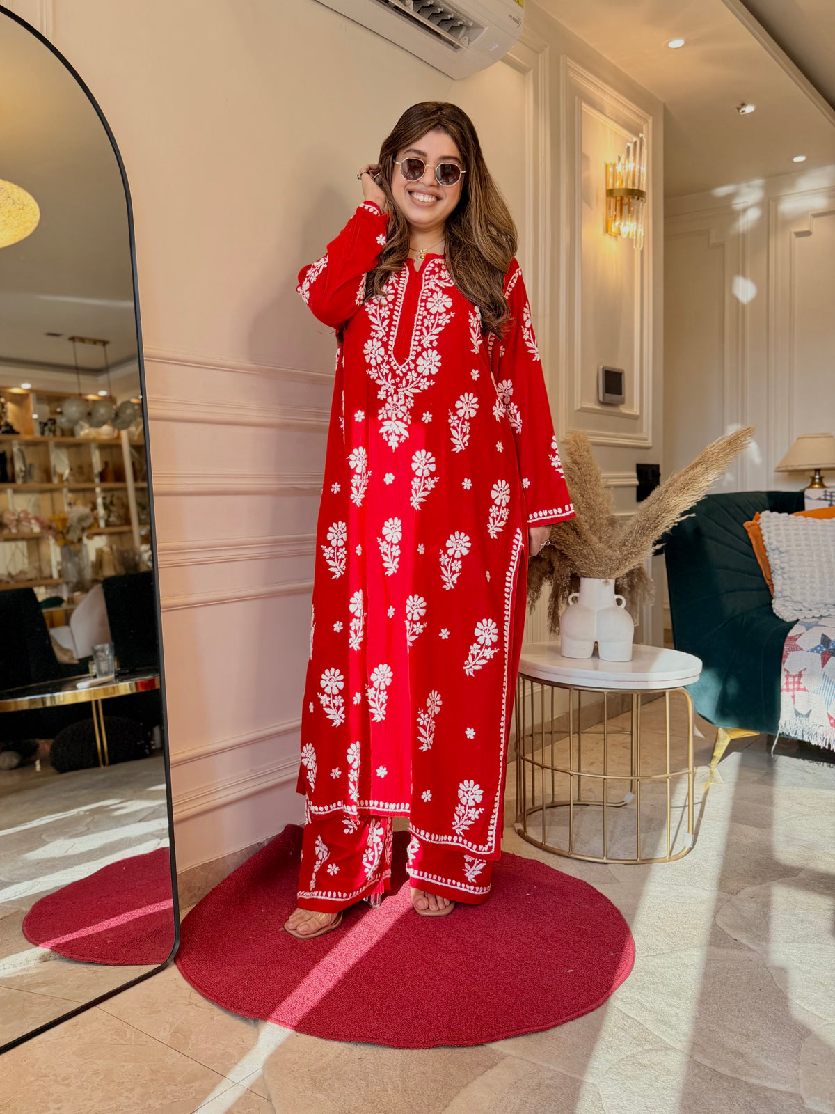 Hand Embroidered 3D Chikankari Kurta set | Premium Modal | Red