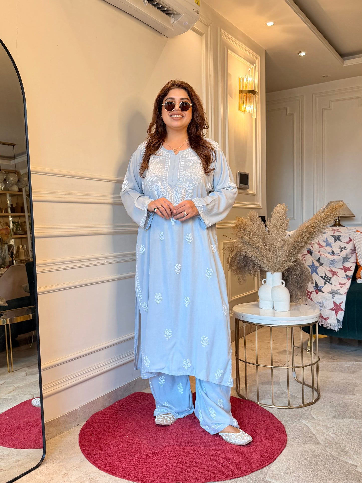 Hand Embroidered Chikankari Kurta set | Modal | Pastel Grey