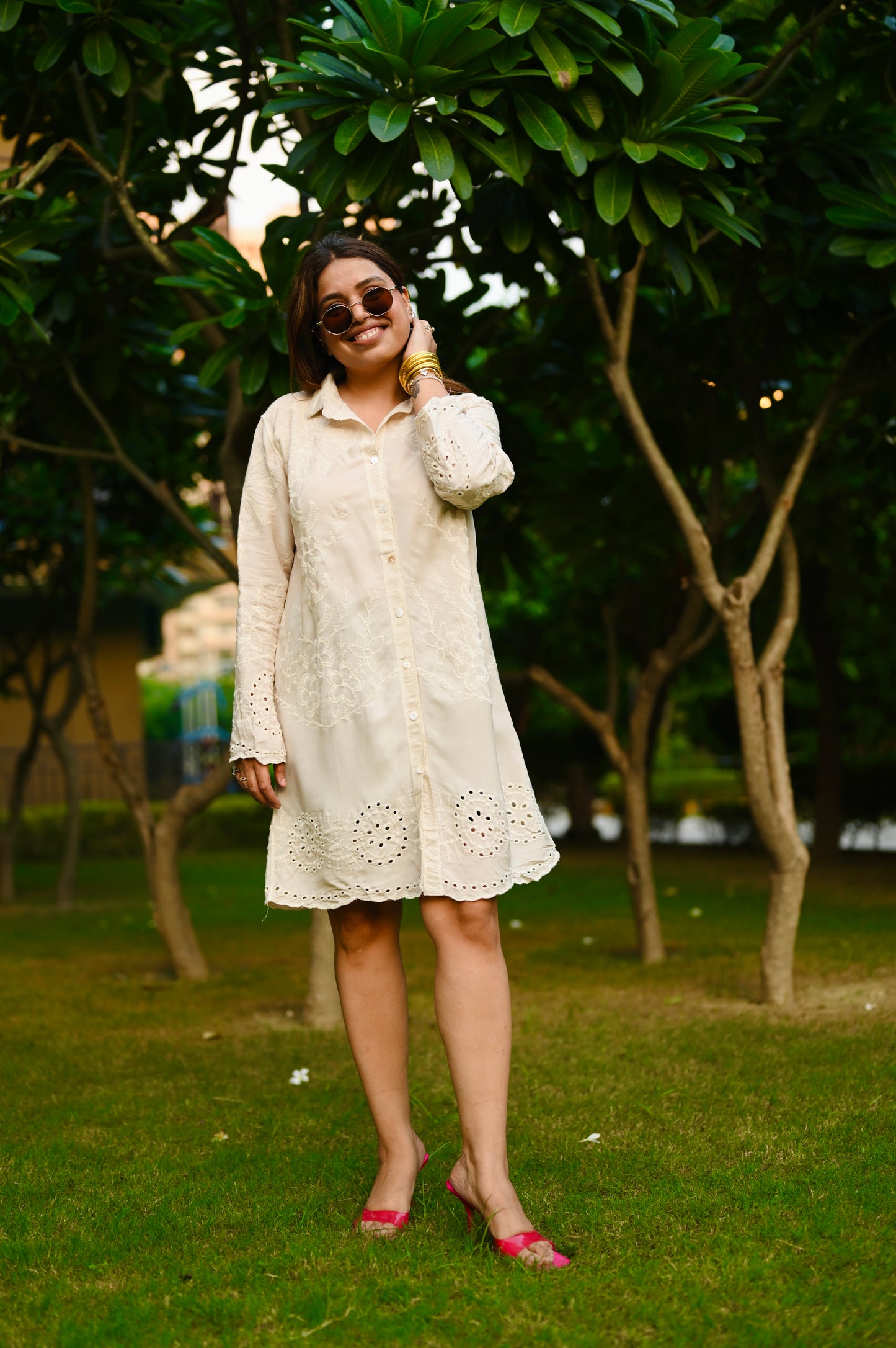 Ivory Shirt Dress with Delicate Thread Embroidery – Free Size Upto XL