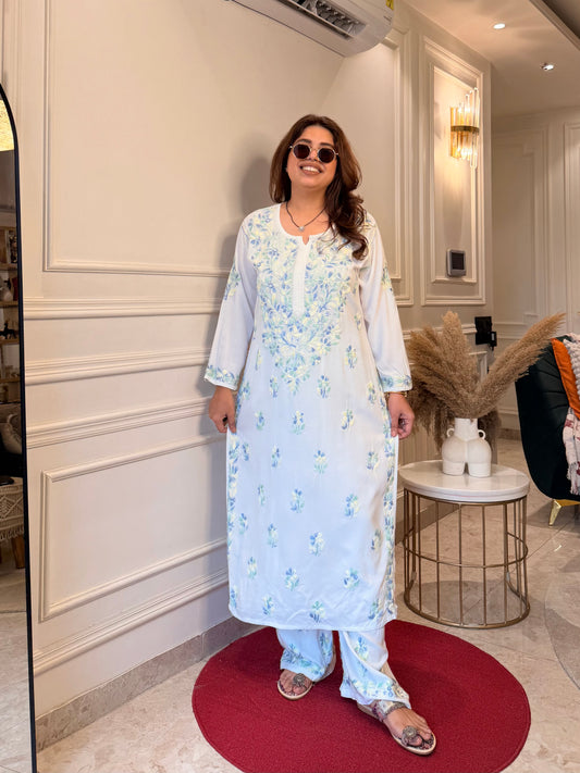 Hand Embroidered Chikankari Kurta Set - white with Pastel thread