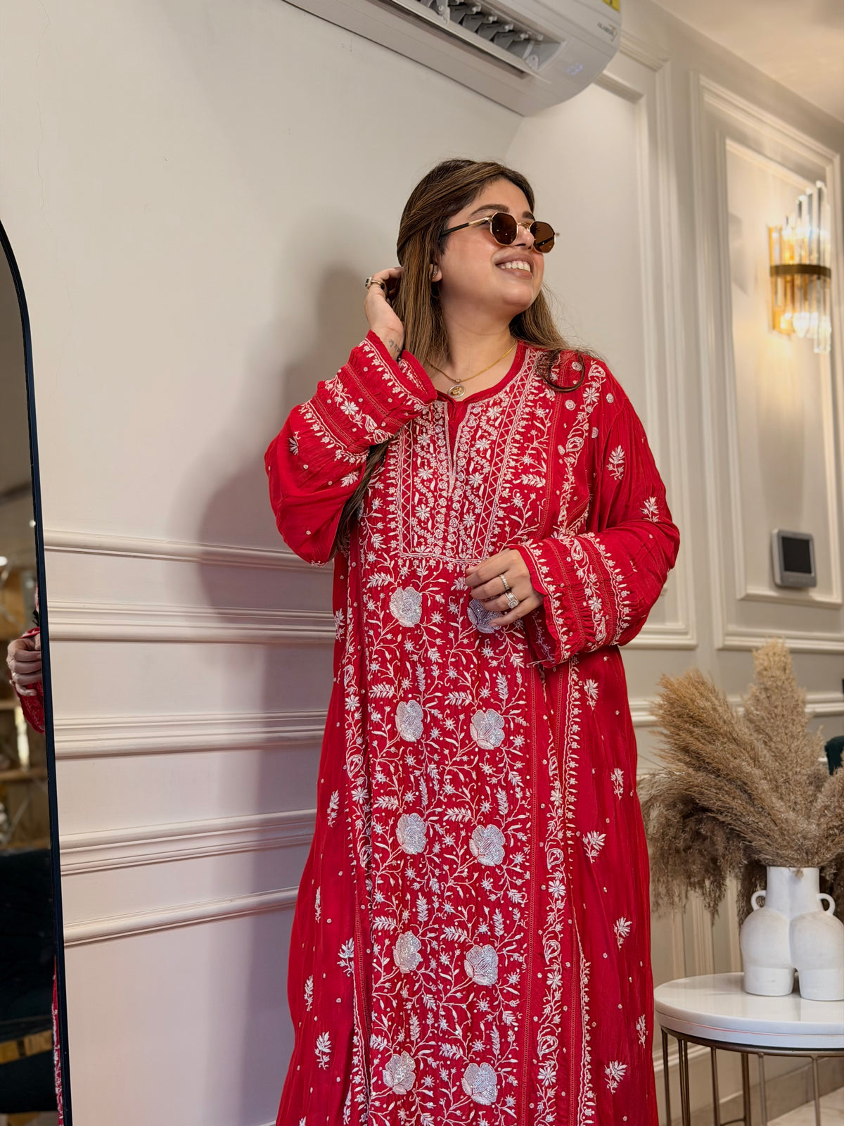 Luxe Hand Embroidered Chikankari Kurta & Duppta | Premium Soft Muslin | Red