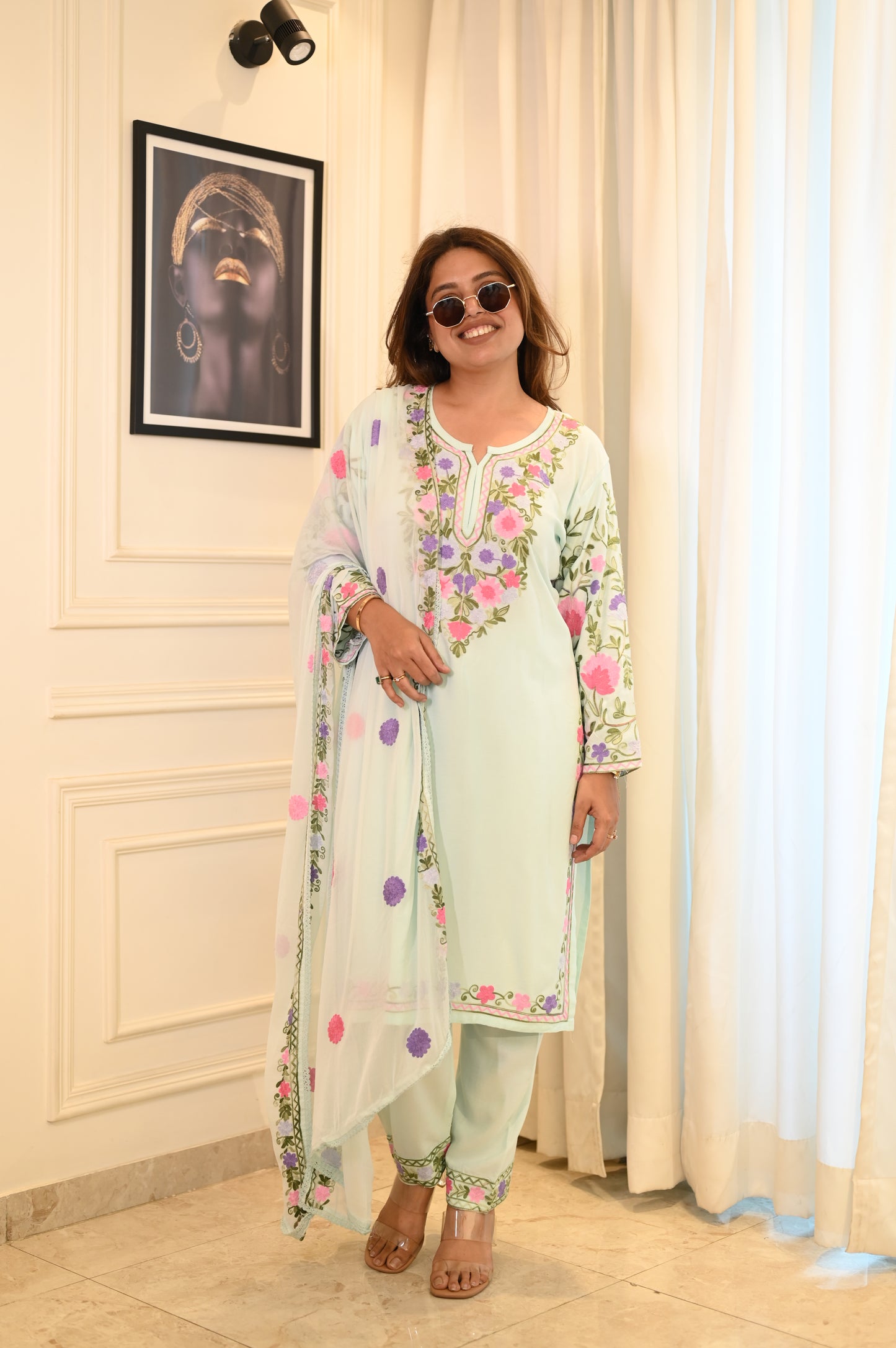 Elegant Frozi Blue Floral Embroidered Suit
